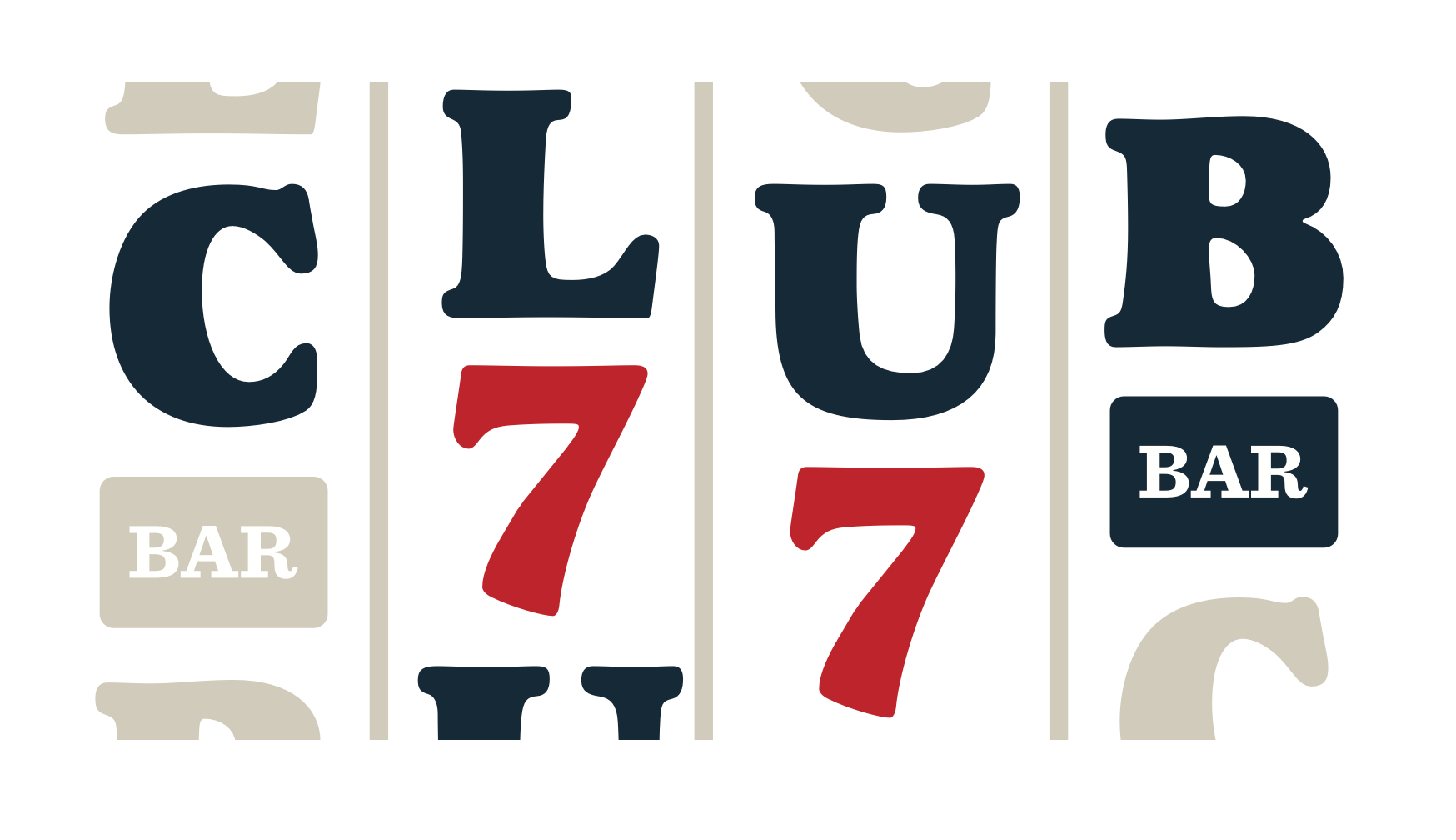 Illustration of the word 'CLUB' with playing card suits and numbers, and the word 'BAR' on a sign.