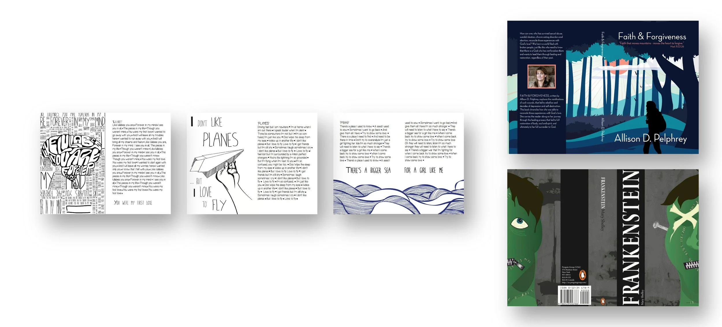 The image is a digital mockup displaying six different book covers in a row. The first three books are about personal expression and feelings, with abstract and handwritten styles. The fourth is a blue-themed cover titled 'Faith & Forgiveness' by All