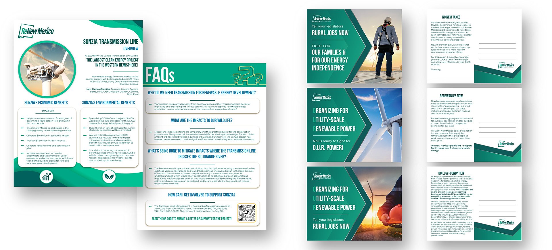 Set of informational pamphlets and posters about renewable energy and rural jobs in New Mexico, featuring wind turbines and a person walking in a rural landscape at sunset.
