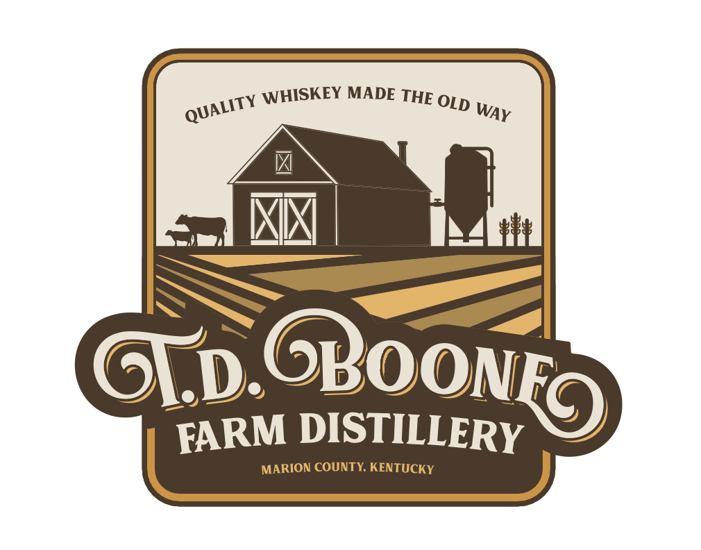 Logo for O.D. Boone Farm Distillery in Marion County, Kentucky, featuring a barn, cow, silo, and fields with the text "Quality Whiskey Made the Old Way."