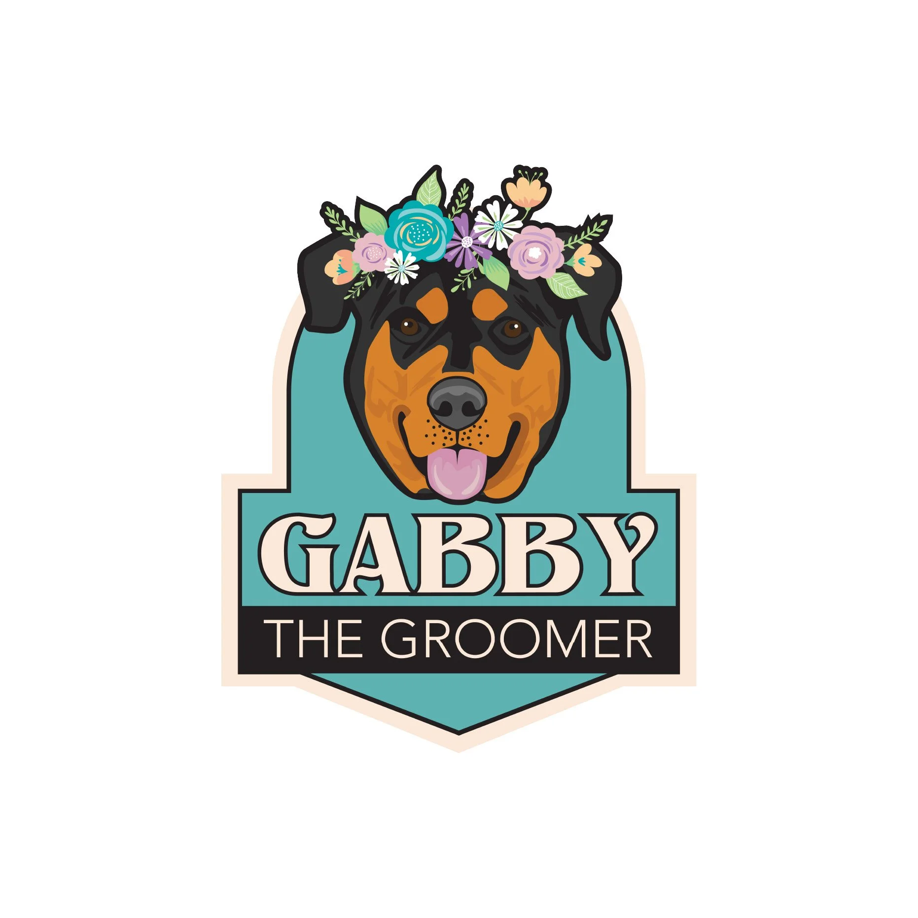 Logo for 'Gabby the Groomer', featuring a cartoon dog with a flower crown and text in a shield-shaped design.