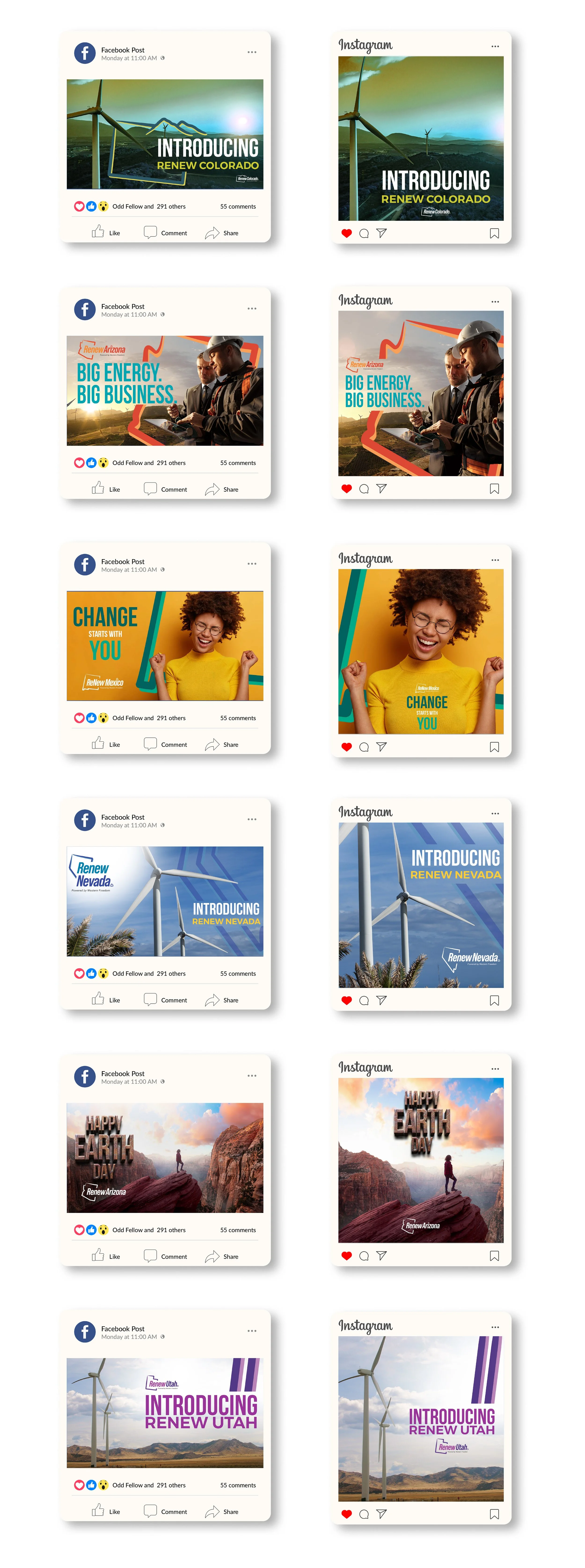 Series of social media posts promoting renewable energy projects and environmental awareness campaigns in different states, featuring wind turbines, energy workers, and scenic landscapes.