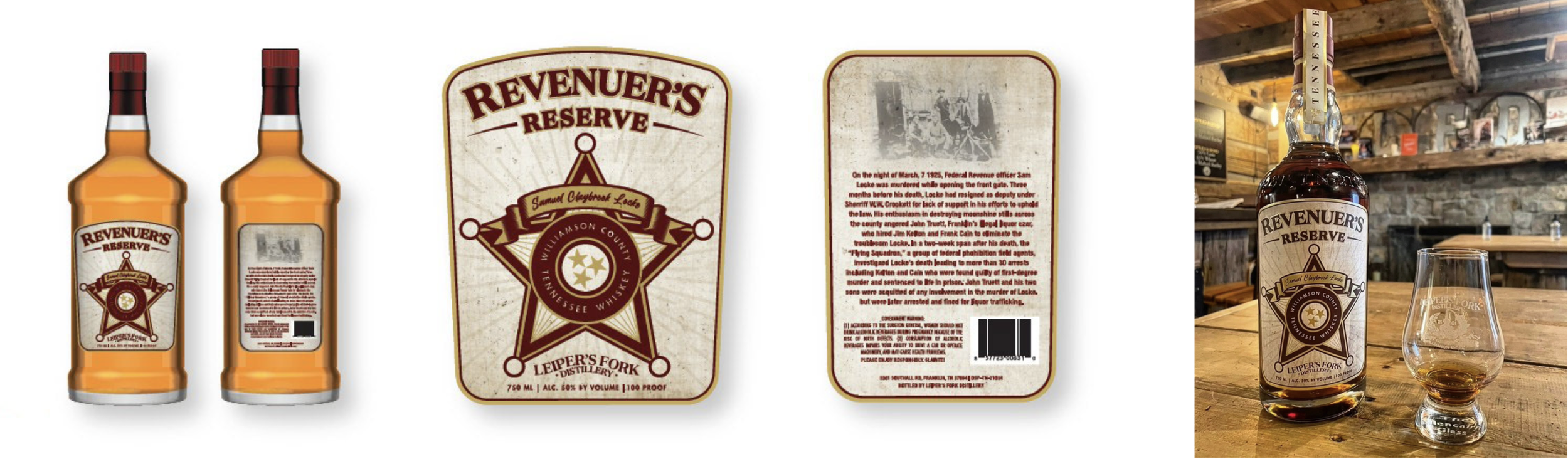 A bottle of Reveruner's Reserve Tennessee Whiskey with a glass of whiskey on a wooden table in a rustic setting.