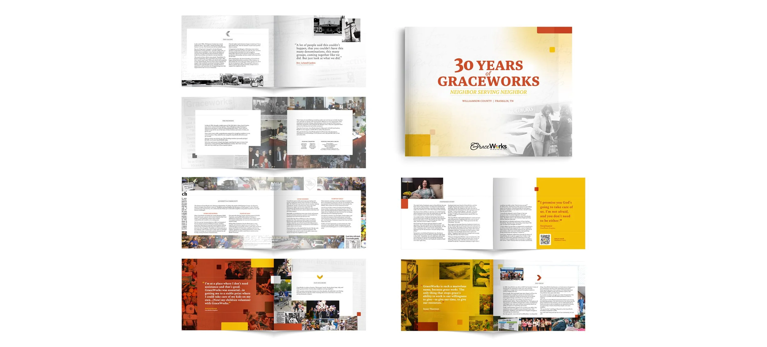 An open booklet with multiple pages, featuring images and text about GraceWorks organization, celebrating 30 years of service, with quotes and community photos.