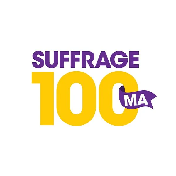 Suffrage 100 logo with purple and yellow text, celebrating 100 years of women's voting rights in Massachusetts.