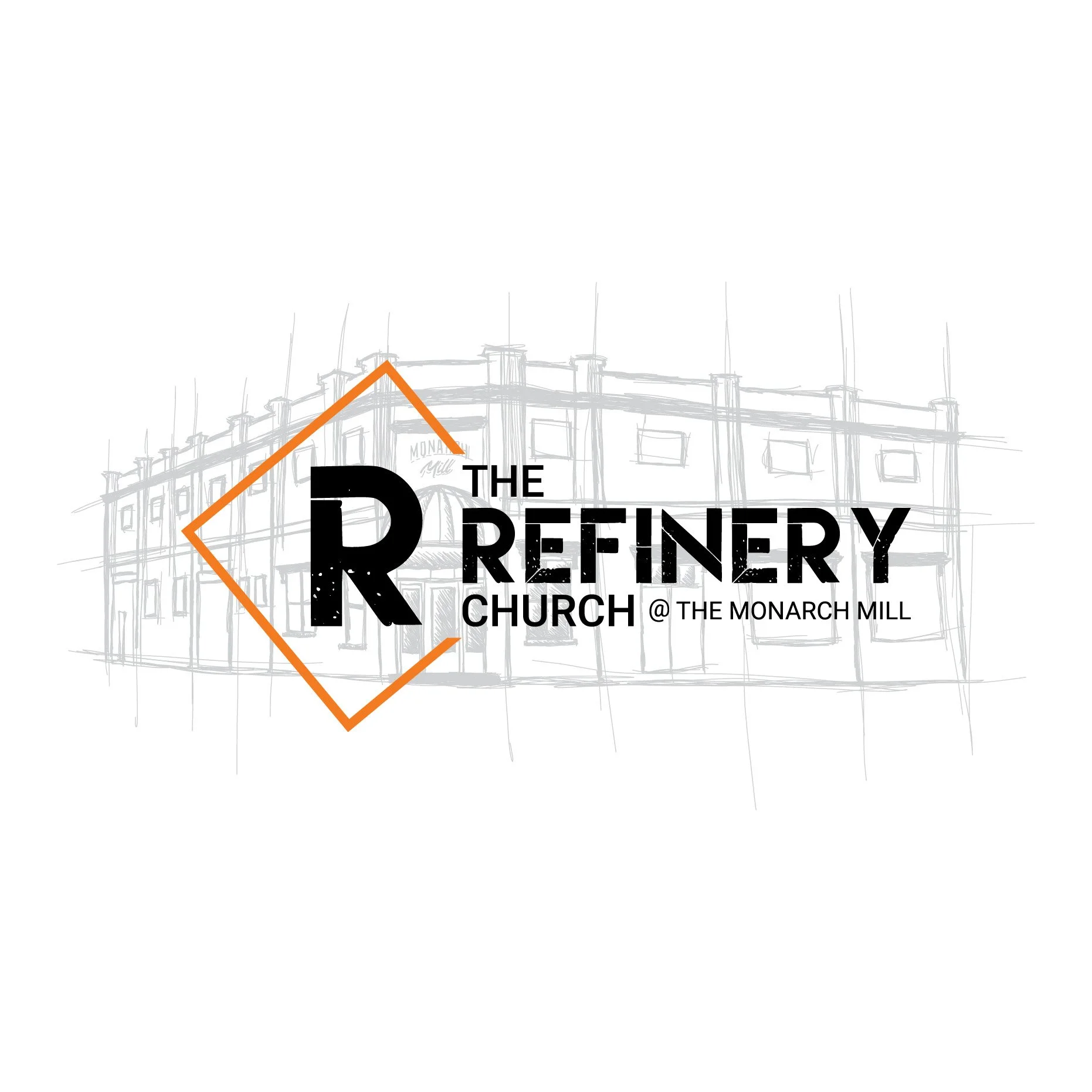 Logo for The Brewery Church at The Monarch Mill, featuring a sketch of a building and a stylized letter R in a diamond shape.
