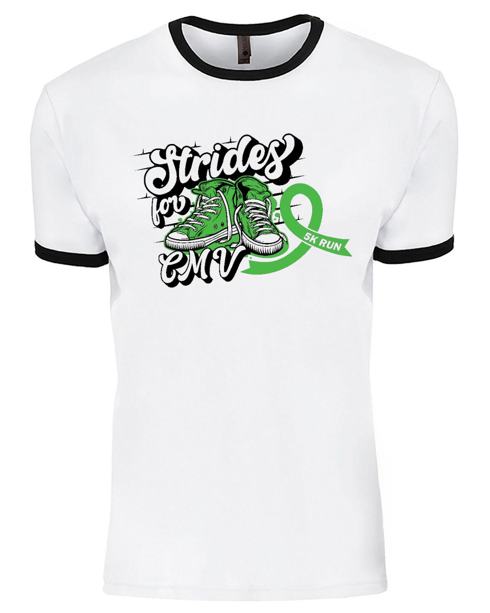 White T-shirt with black collar and sleeve accents, featuring a graphic of green sneakers and the text 'Striders for EV 5K Run'.
