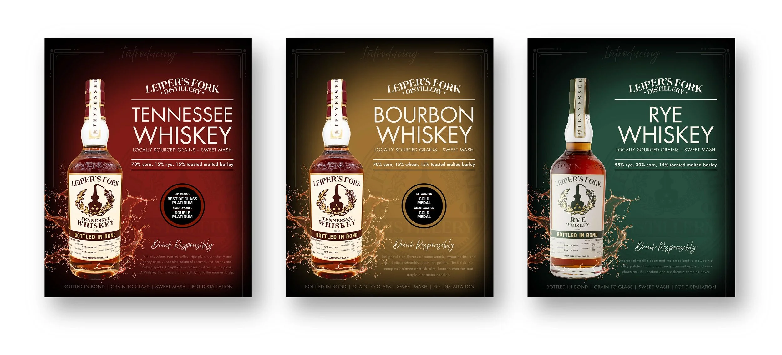Three posters for Leiper's Fork Distillery showcasing Tennessee whiskey, bourbon whiskey, and rye whiskey. Each poster features a whiskey bottle and descriptions of the product's ingredients and awards.