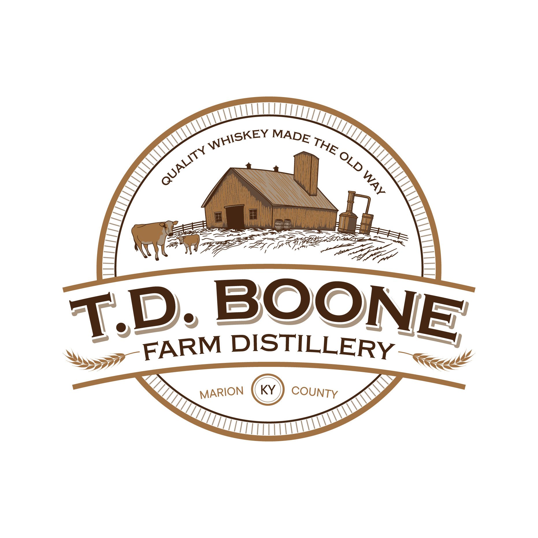 Logo for T.D. Boone Farm Distillery featuring a barn, cows, barrels, and wheat, with text about whiskey made in Marion County, Kentucky.