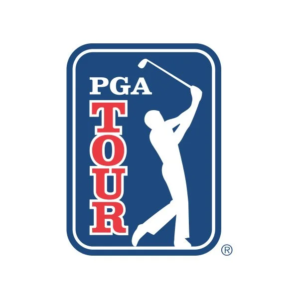 Logo for the PGA Tour with a silhouette of a golfer swinging a club and the words 'PGA' and 'TOUR' vertically arranged.