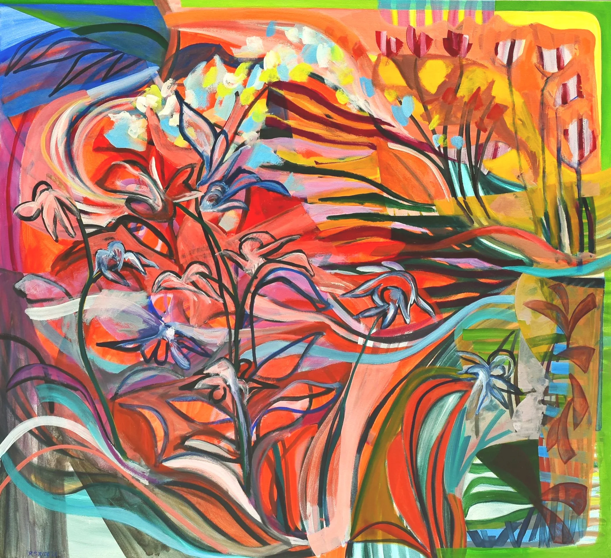 Organic abstraction-oil on canvas- colors and line layered over time