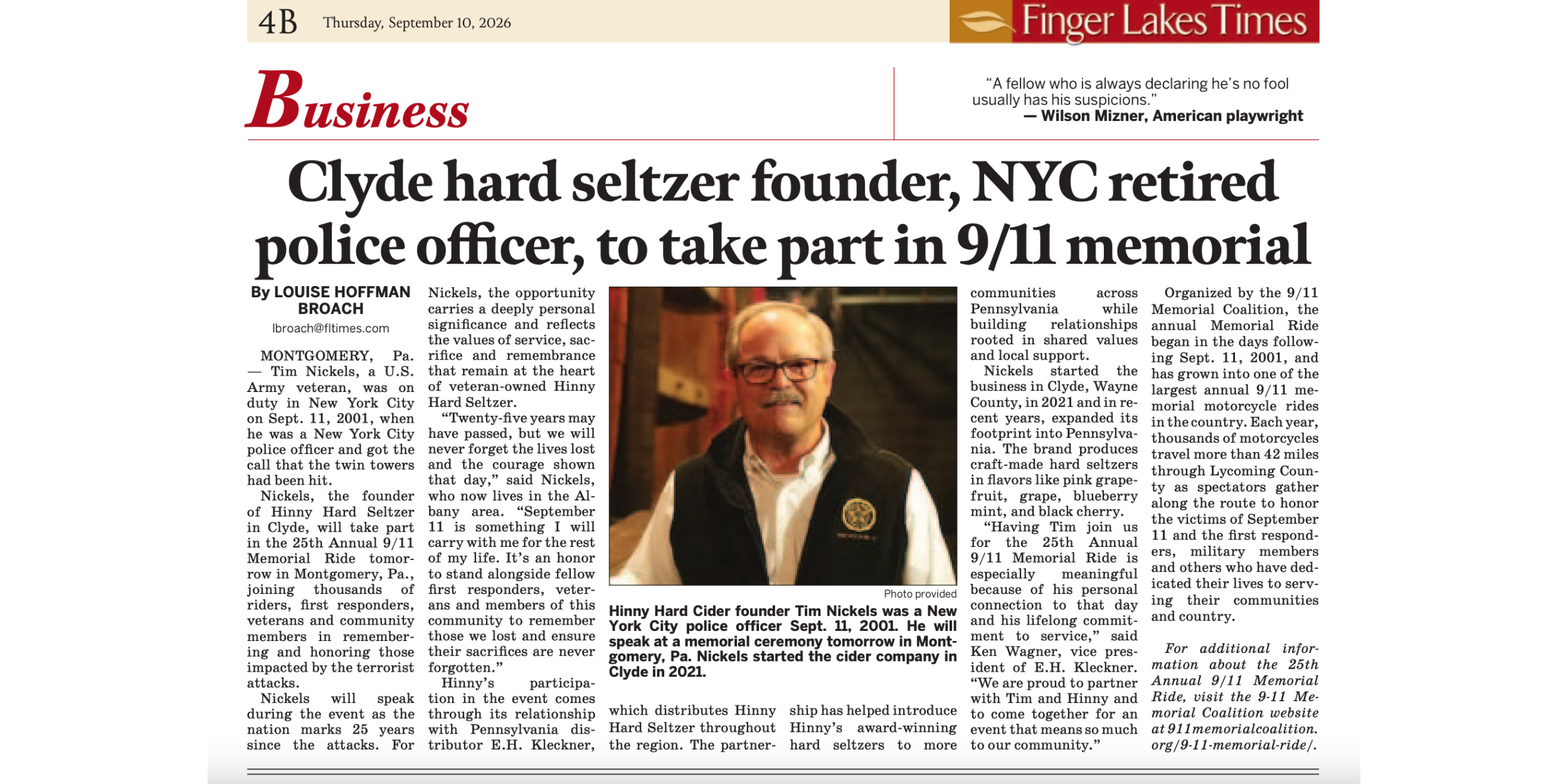 Award-Winning Hinny Hard Seltzer featured article in the finger lakes times ahead of september 11th remembrance