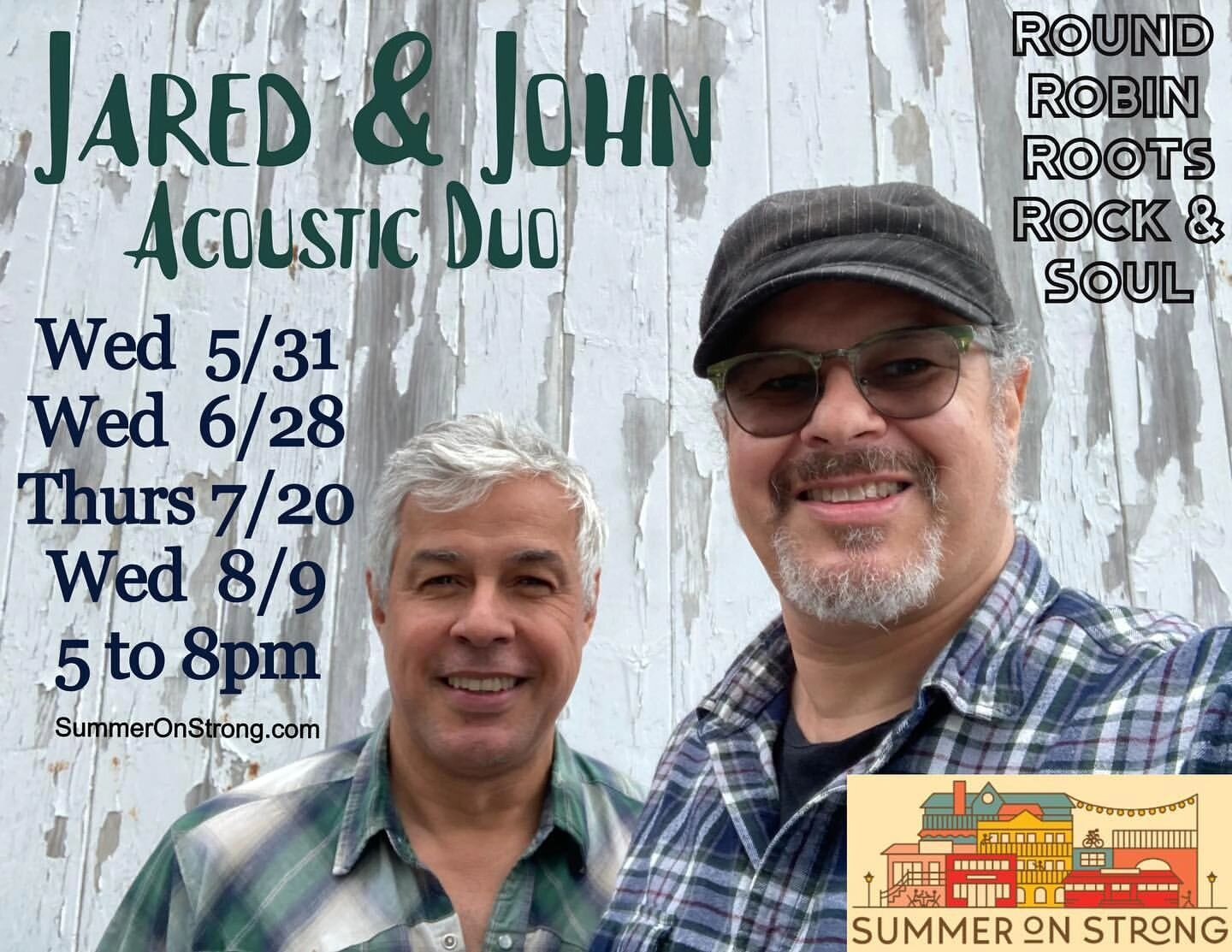Jared &amp; John take the stage tonight at 5! See ya soon 🎶 👉 

Posted @withregram &bull; @jatmosphere Jared &amp; John return to @summeronstrong this Thursday evening, July 20th from 5-8pm for our 3rd of 4, 2023 S.O.S. engagements. Acoustic/dobro 