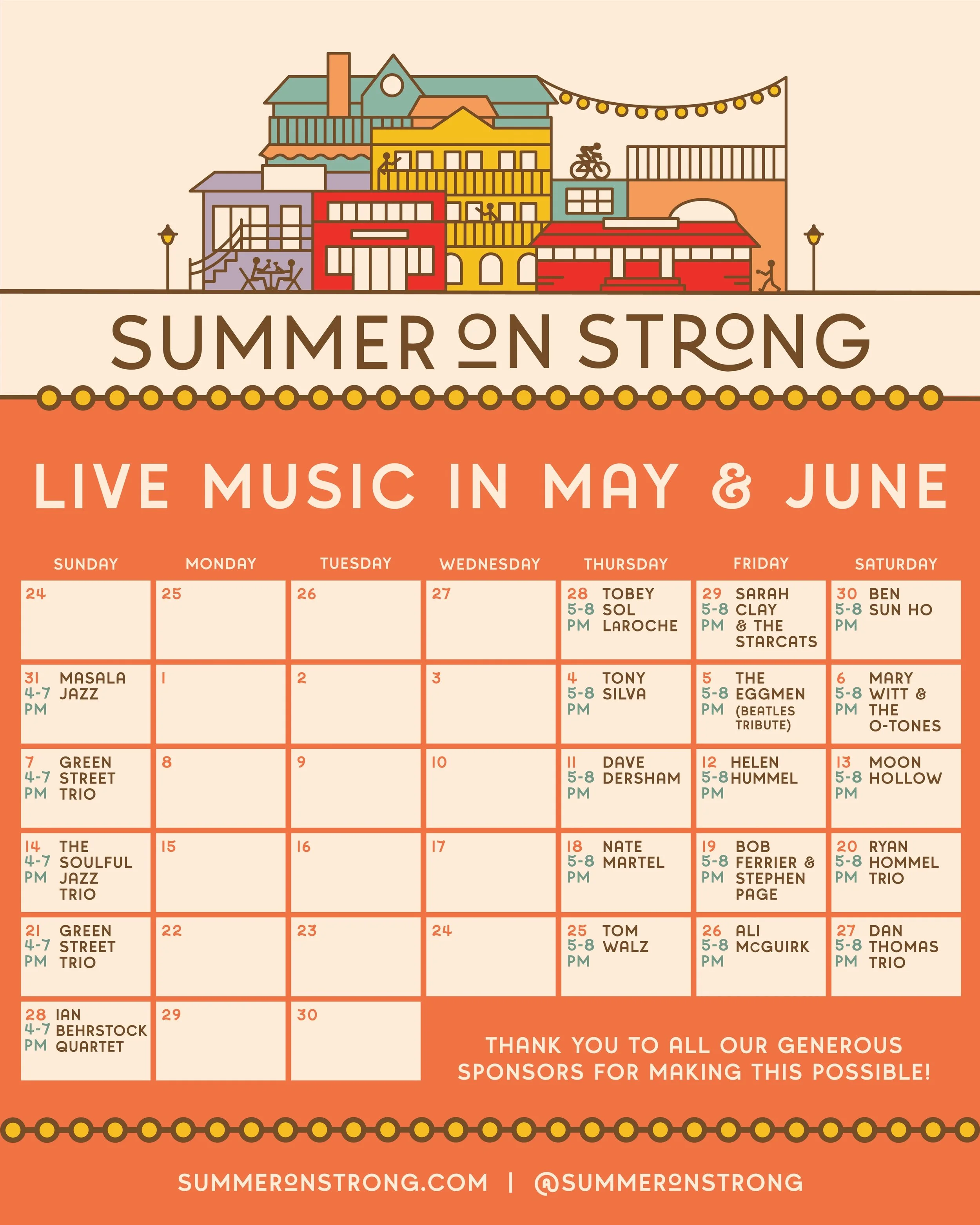 Summer on Strong live music calendar is here!! ☀️🎶 
May and June are stacked, save this post so you know who&rsquo;s playing and when. See you out there! 😄

#summeronstrong #northamptonma #westernmass