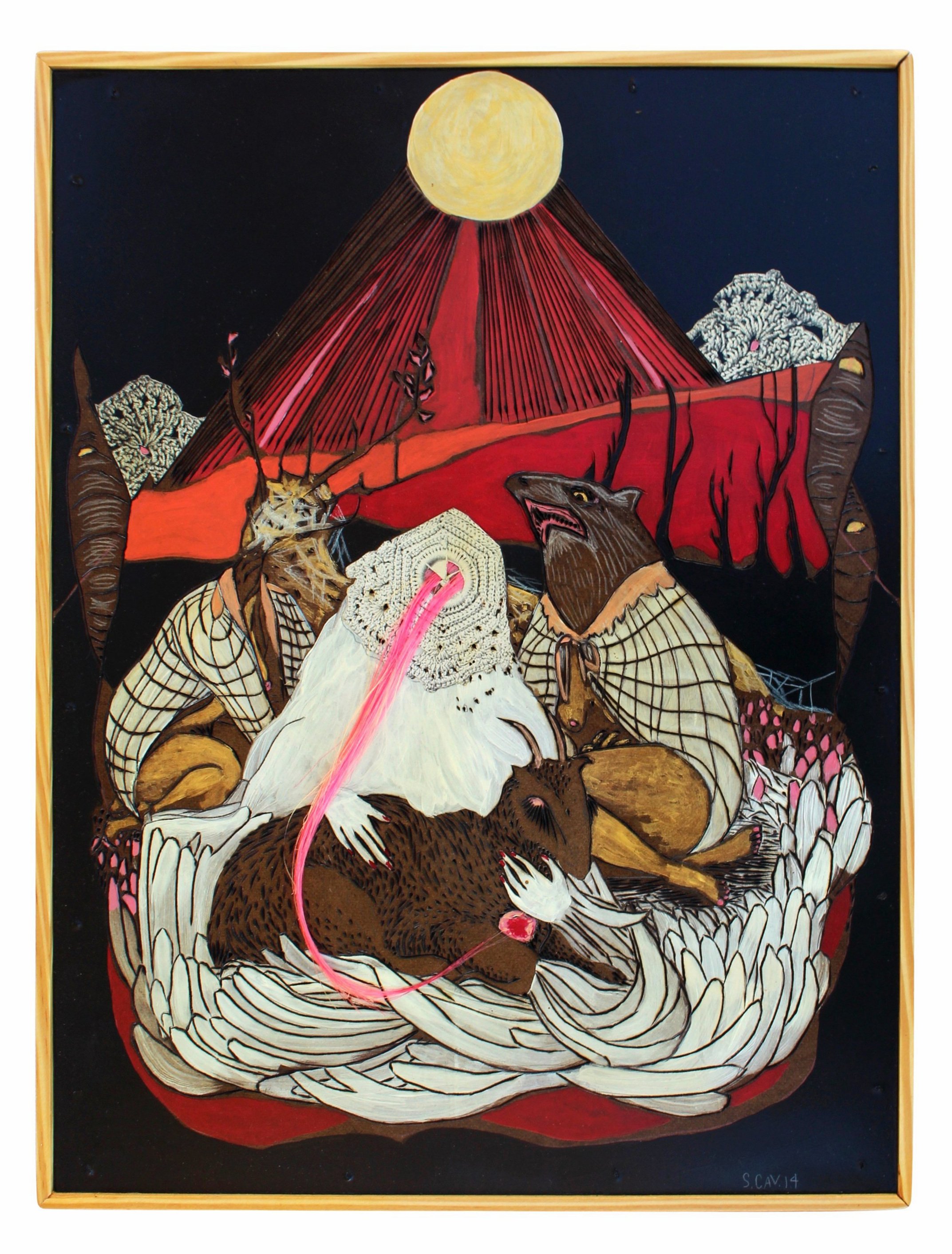 Healers, 2014, 13"x 17.5", collage, acrylic, weave, pyrography on masonite