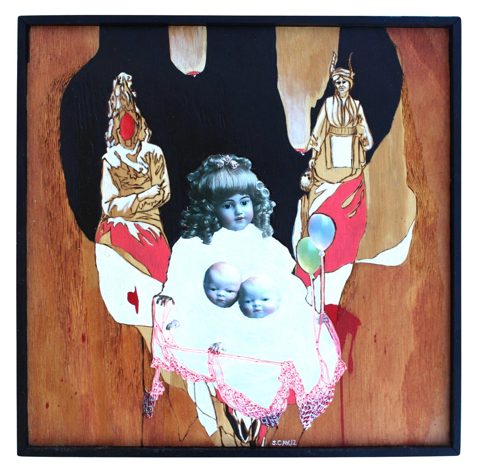 Babies Having Babies, 2012, 12"x 12", acrylic, collage, pyrography on plywood