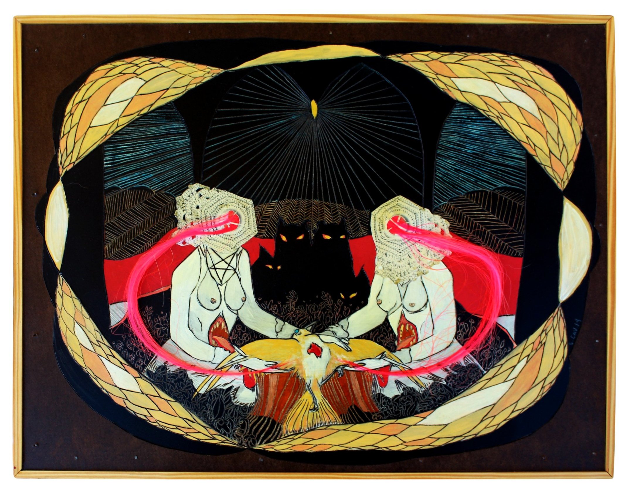 Healers II, 2014, 17.5"x 13.5", acrylic, collage, weave, pyrography on masonite