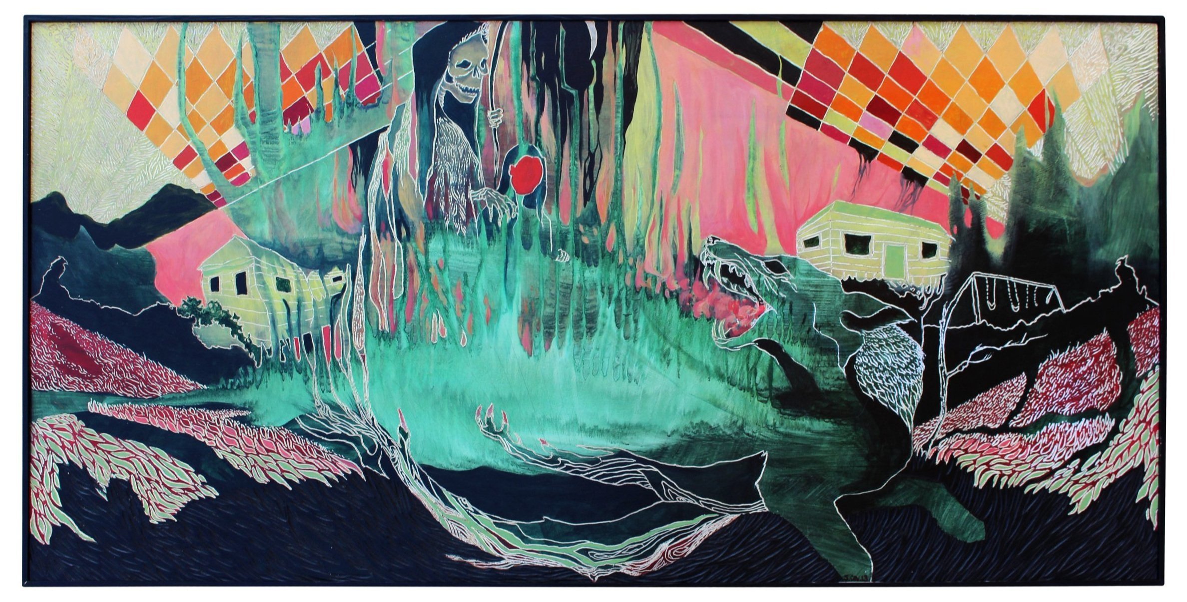 Found Your Dog, 2014, 49"x 24", acrylic, pyrography, carving on wooden panel