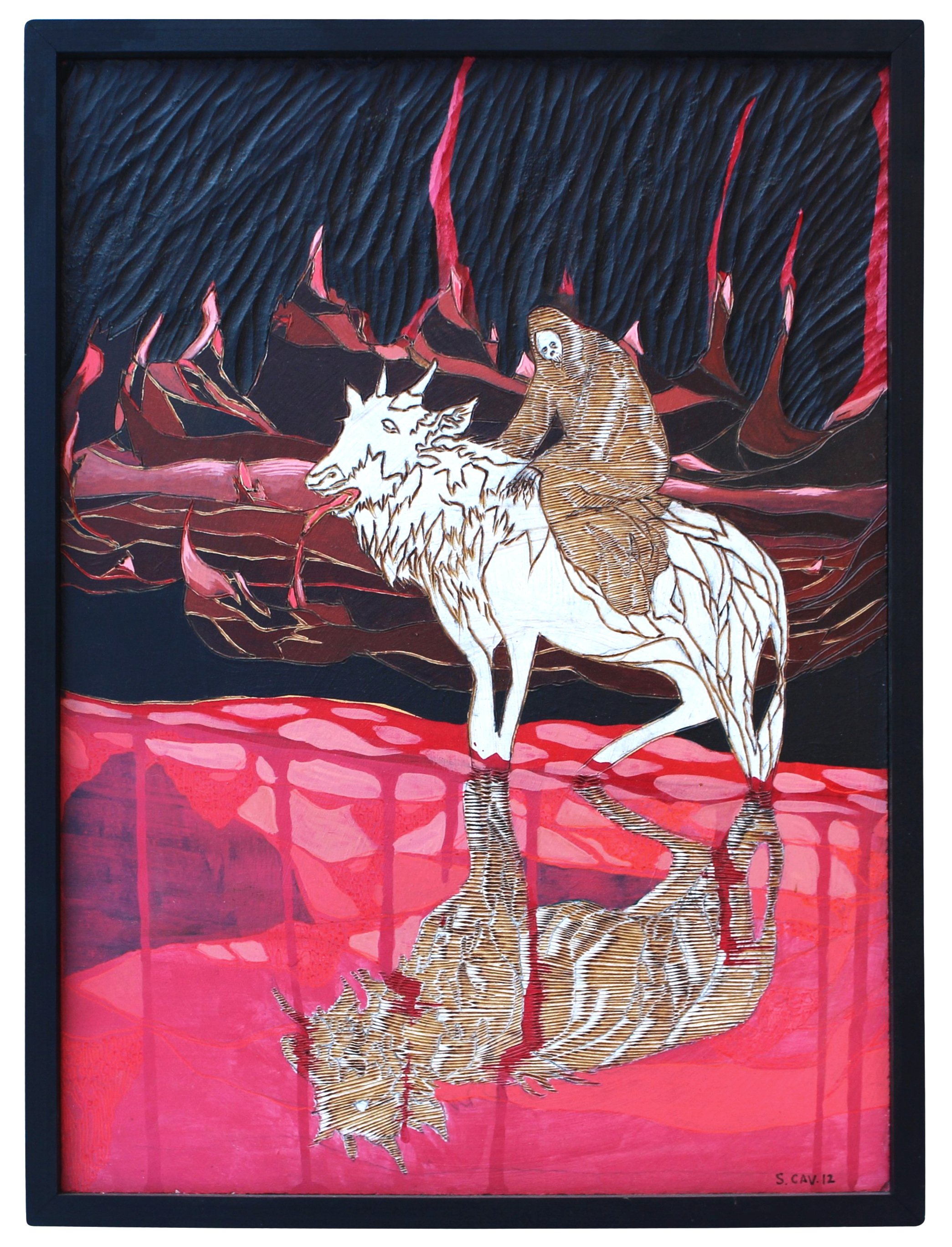River Crossing, 2012, 13"x 17.5" acrylic, pyrography, carving on masonite