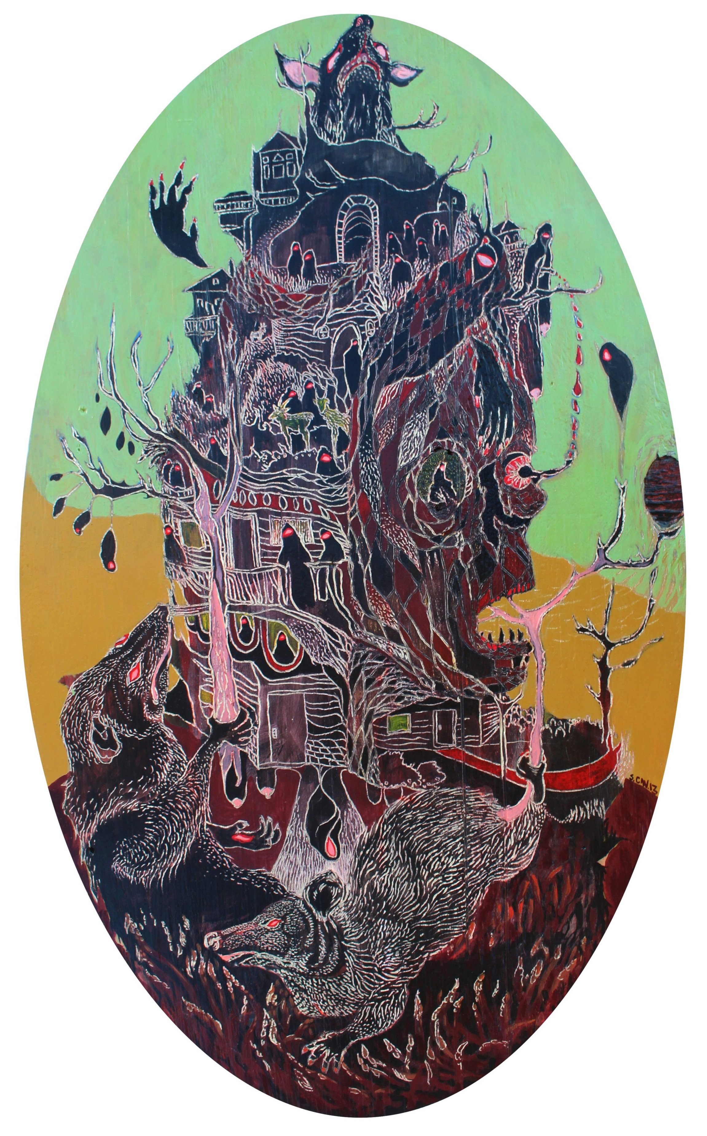 Infestation, 2013, 24”x 40”, Acrylic and pyrography on plywood
