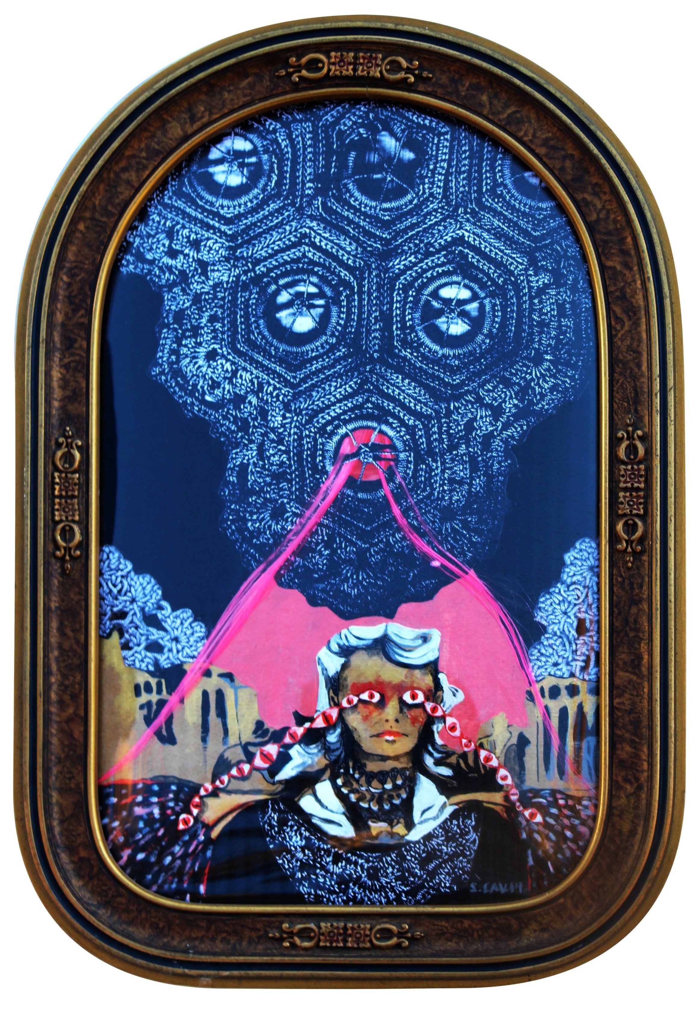 Untitled, 2014, 13”x 18”, acrylic, collage, weave, vintage frame, domed glass