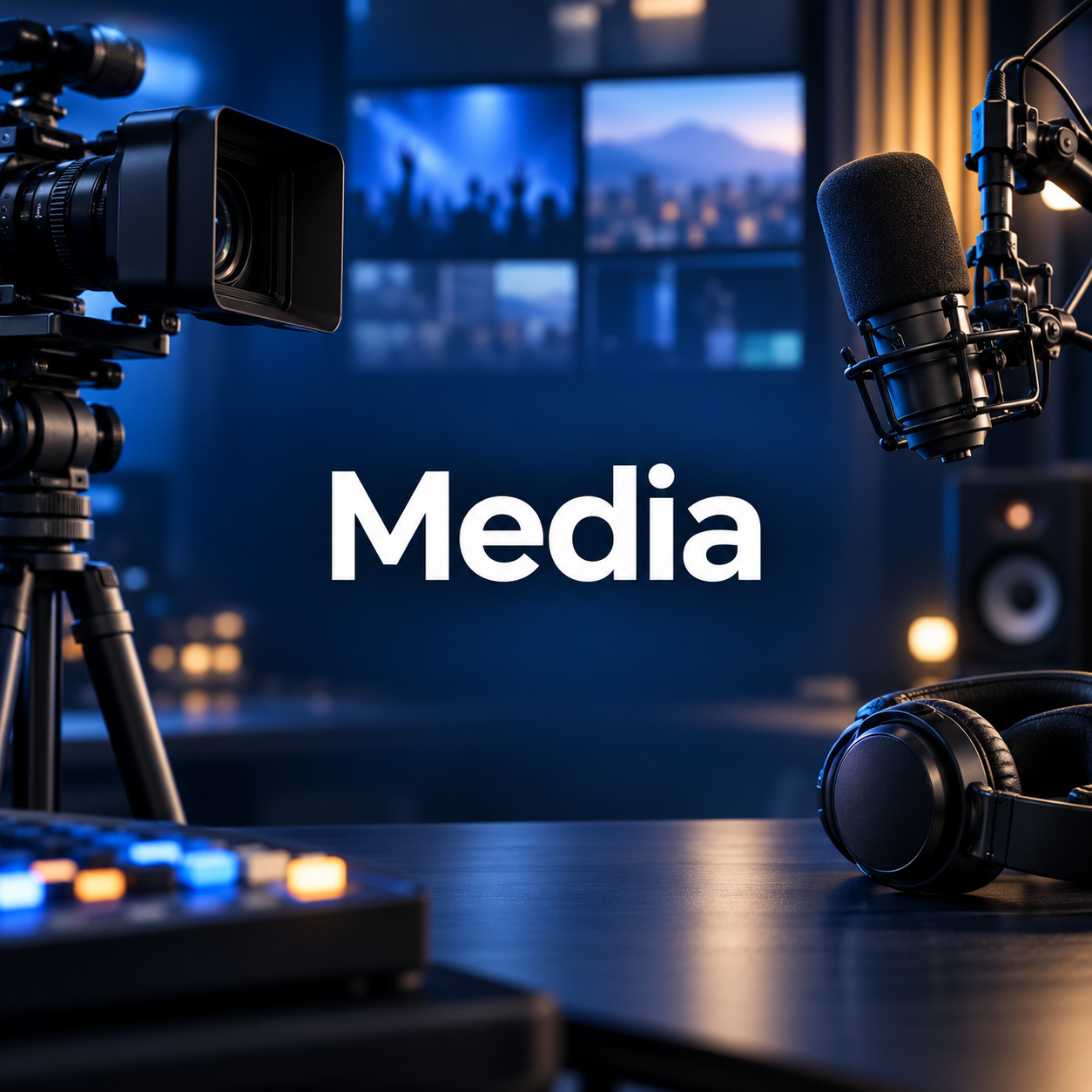 Media studio with professional camera, microphone, headphones, and sound mixing console, with a cityscape view through large windows in the background.