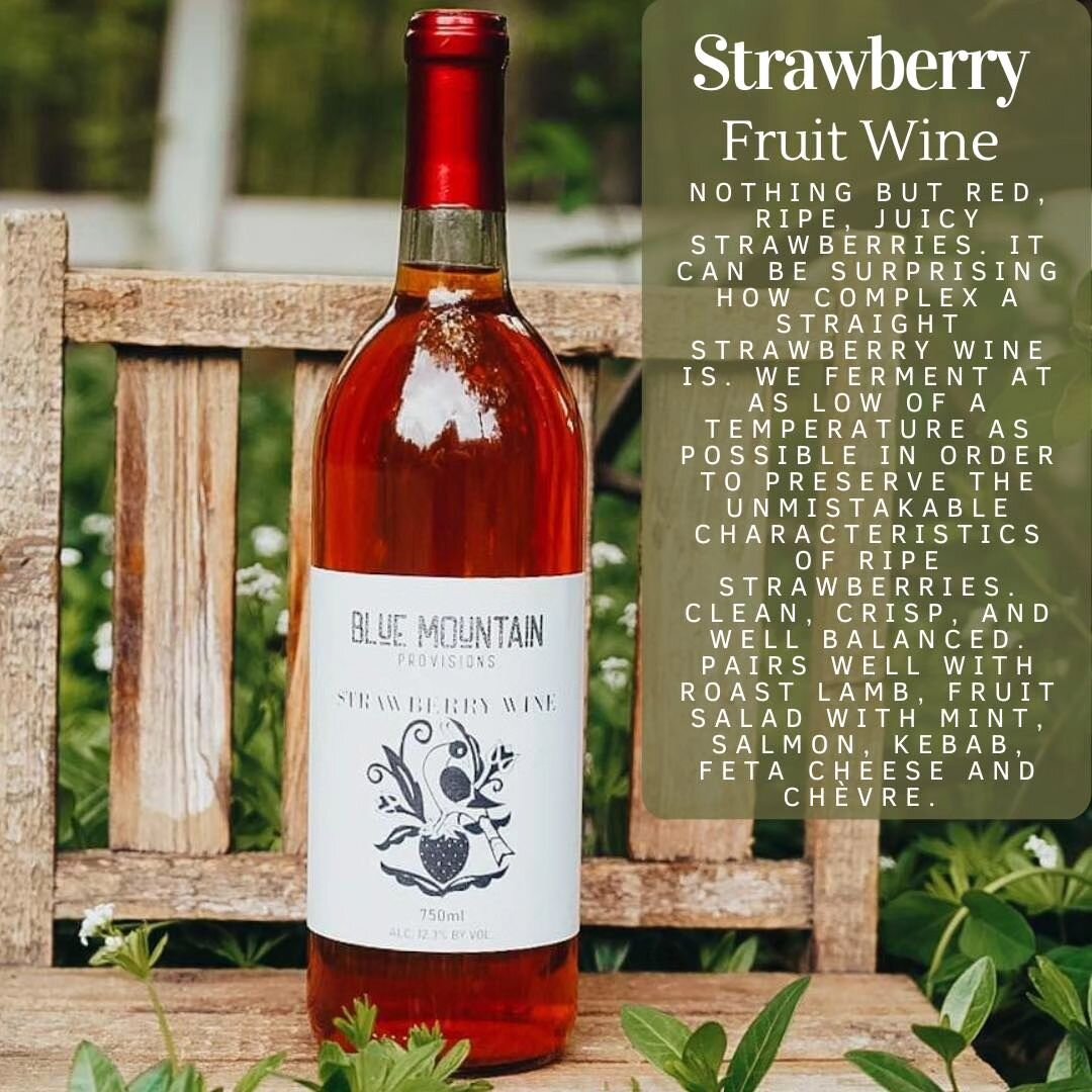 Our off-dry strawberry wine is incredibly unique. The flavor is bold and refreshing. It isn't too often you find one quite like ours. 
Stock is limited.
Shipping now at www.bluemountainprovisions.com/store