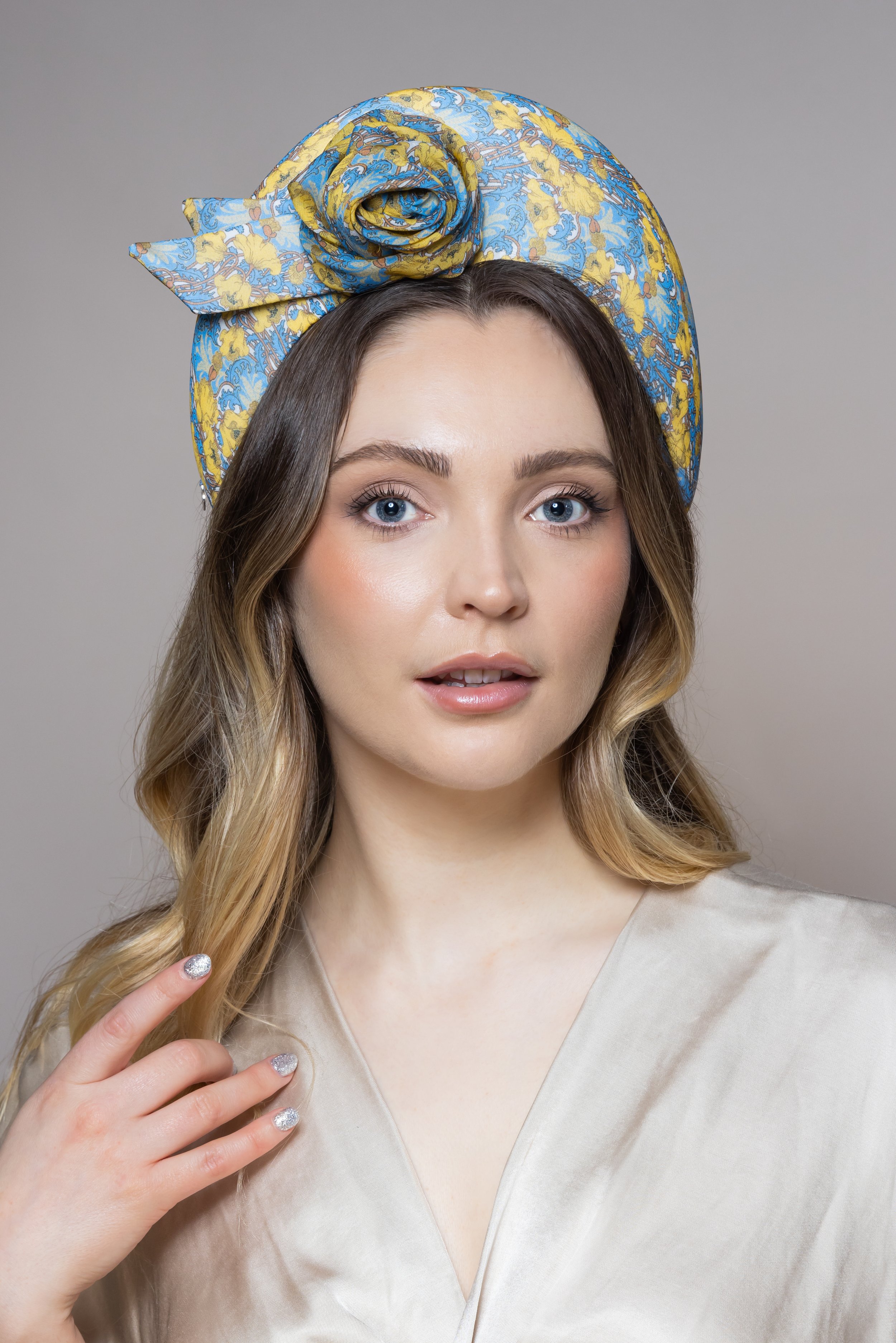 Megan:	Liberty 'Clementina'  Silk - Blue &amp; Yellow Halo Headband with single Rose 
