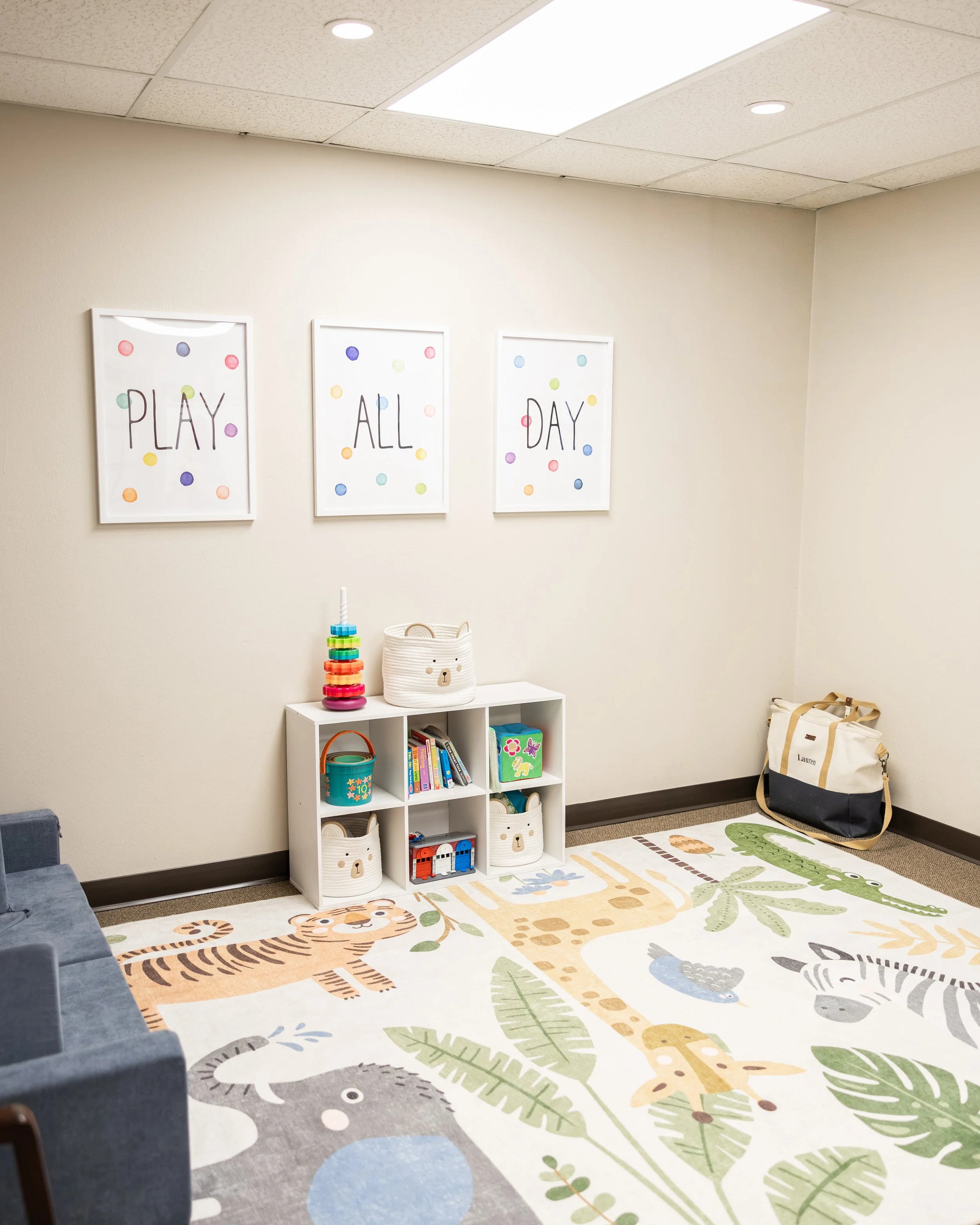 A children's play area with a colorful animal-themed rug, a small white storage shelf holding baskets, books, and toys, and wall decorations with the words 'PLAY ALL DAY' and colorful dots. There's also a graham cracker-looking toy with colorful ring