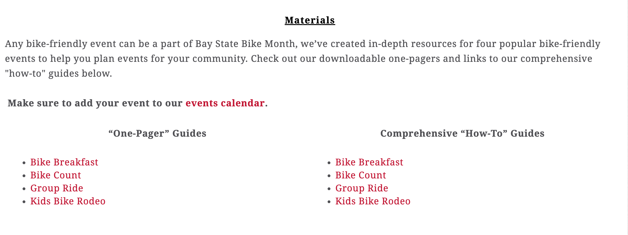 Screenshot of Bay State Bike Month Resources Page, text on white background