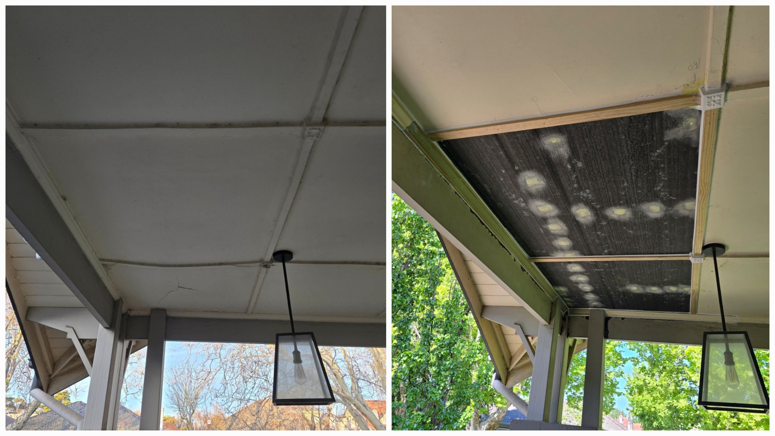 sagging ceiling from roof leak repaired with decorative plaster details reinstated