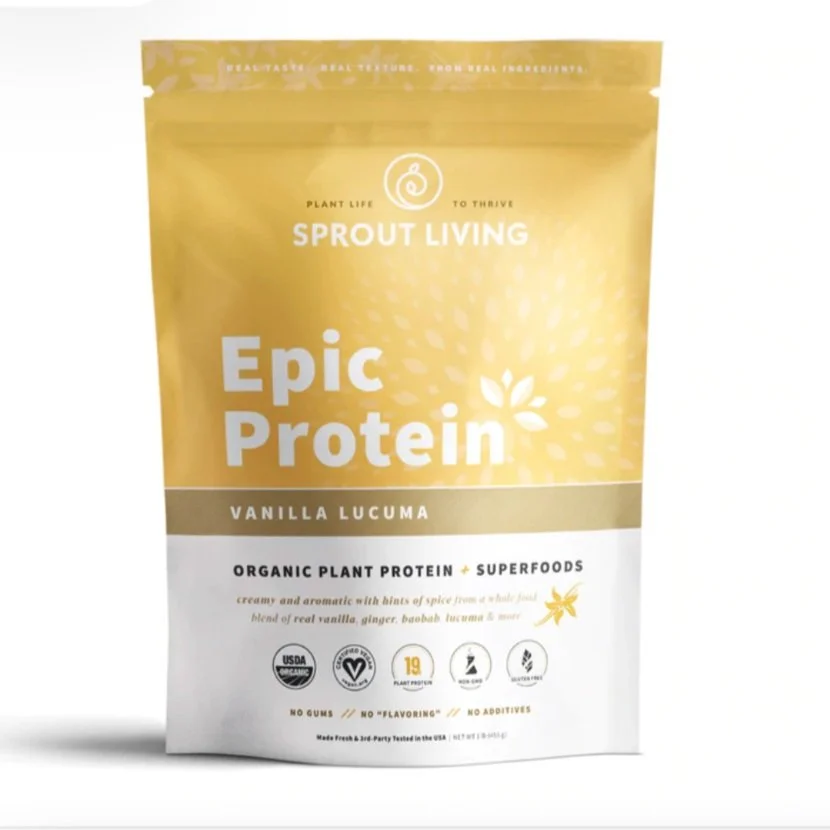 Sprout Living Vanilla Lucuma Protein (Vegan) (also an unflavored and chocolate version) with great ingredients and no gums, artificial flavors, or artificial sweeteners. Unflavored is my favorite!