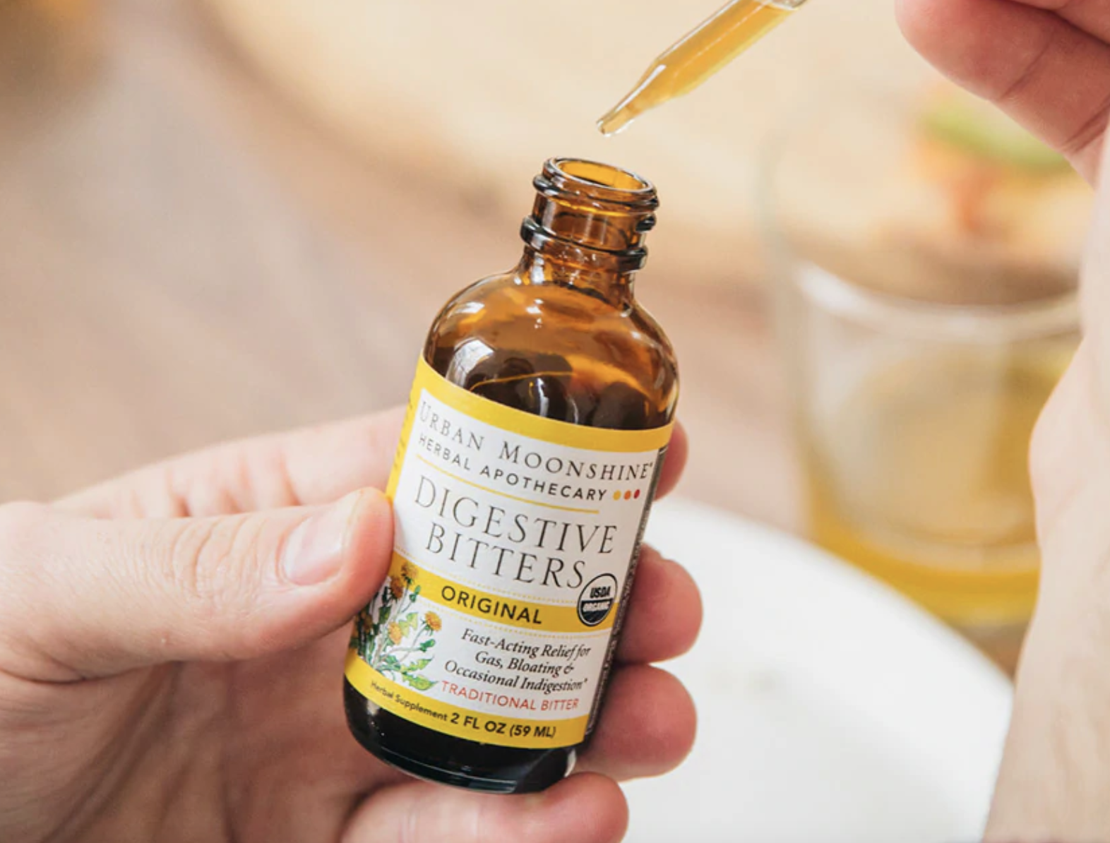 Urban Moonshine DIGESTIVE BITTERS -  take 15 minutes before mealtime to stimulate digestive fluids. They can also be taken after heavy meals to relieve gas and bloating.