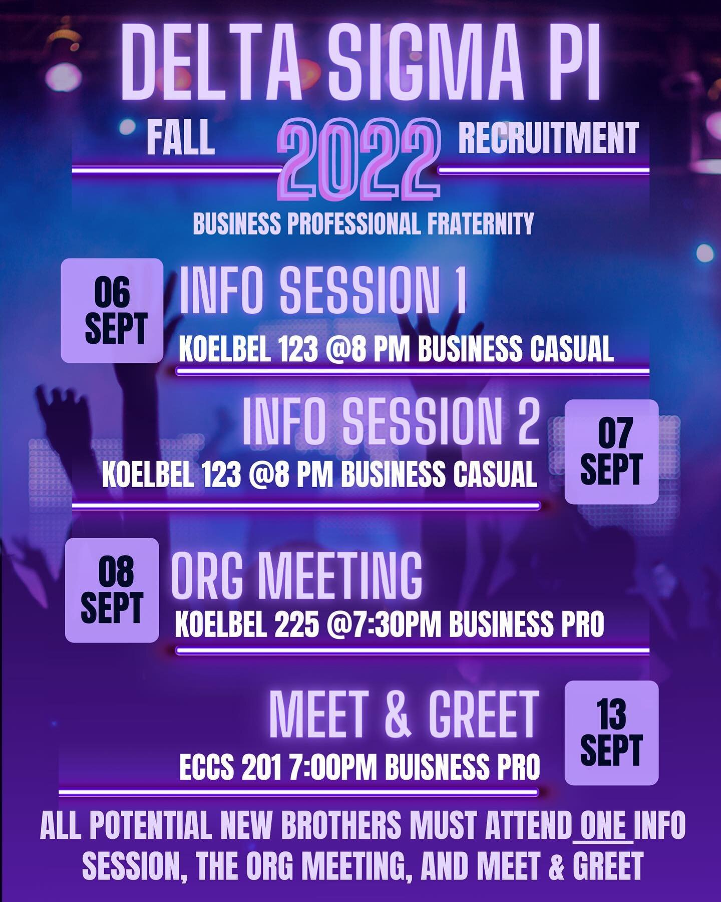 ONE WEEK until recruitment! DM @deltasigmapiboulder or email our SVP Shrey Seth shse2940@colorado.edu with any questions or concerns. We&rsquo;re ecstatic to meet all potential new brothers so soon! (Please refer to the dates and times above from now