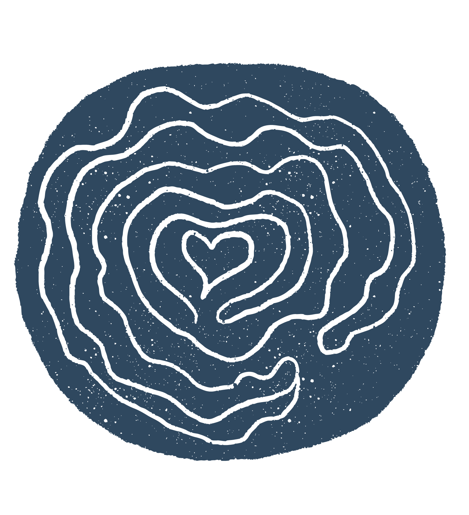 Dark blue circle with concentric black lines forming a heart shape in the center, depicting a stylized abstract pattern.