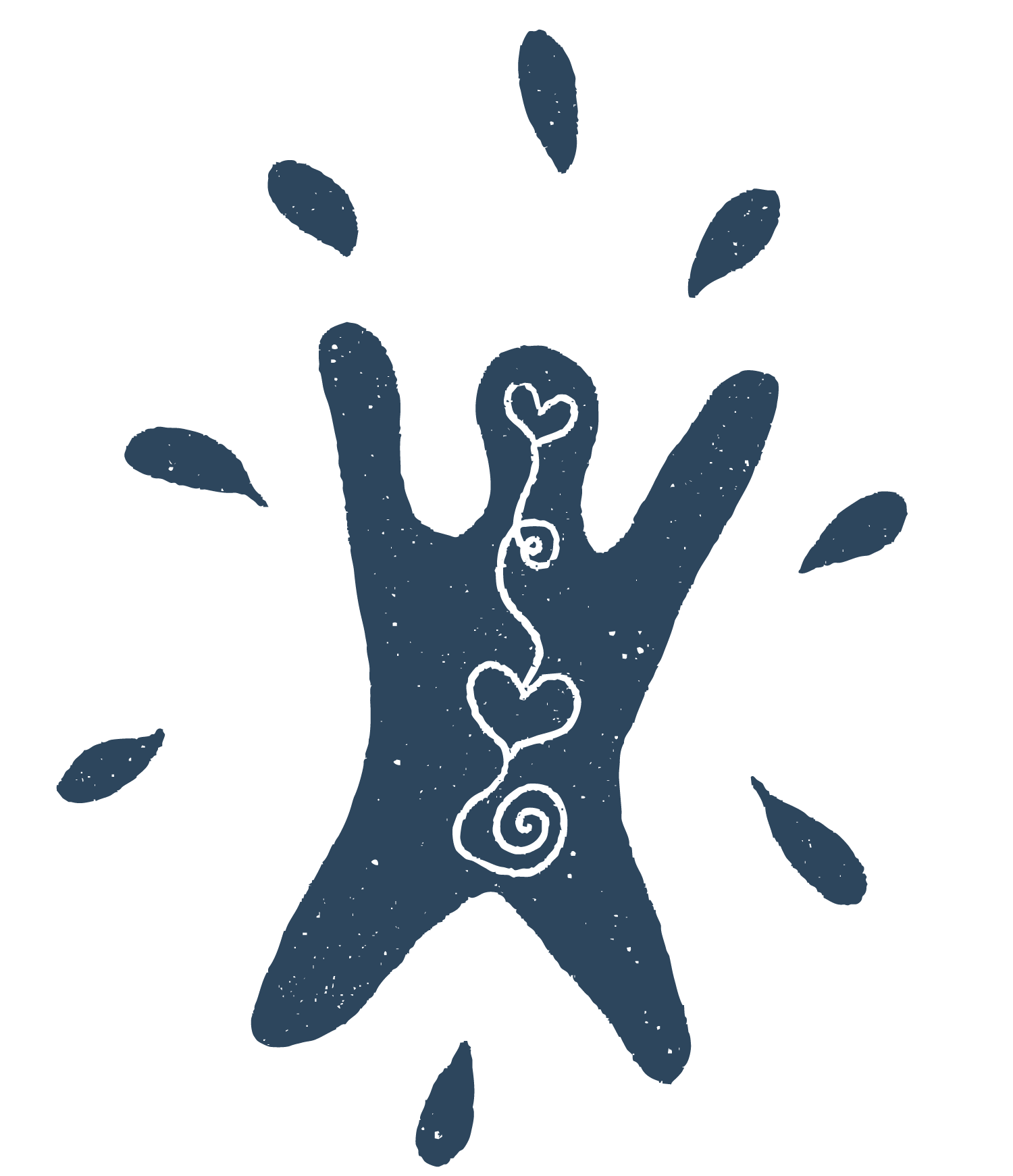 A stylized blue hand with a spiral and heart line on the wrist, surrounded by teardrop-shaped droplets, against a black background.
