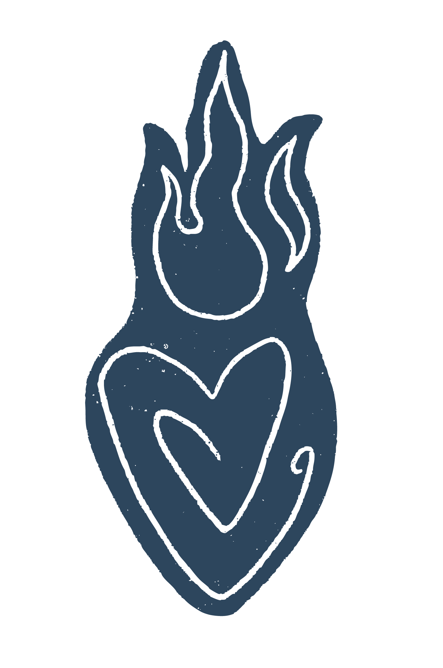 A stylized illustration of a heart with flames and an upward-pointing flame above it, all in dark blue.