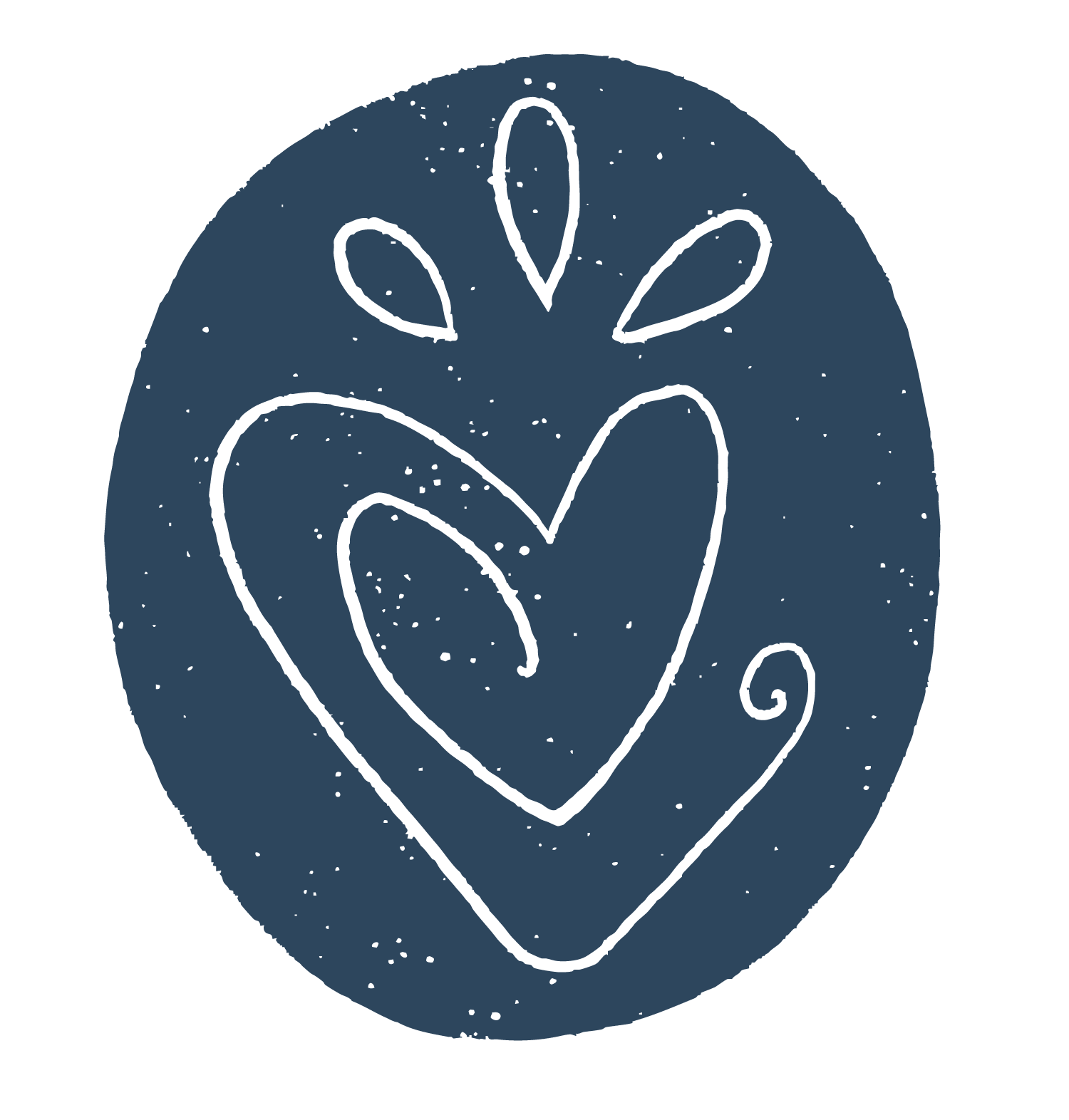 Hand-drawn heart with two smaller droplets above it, enclosed within a blue circle.