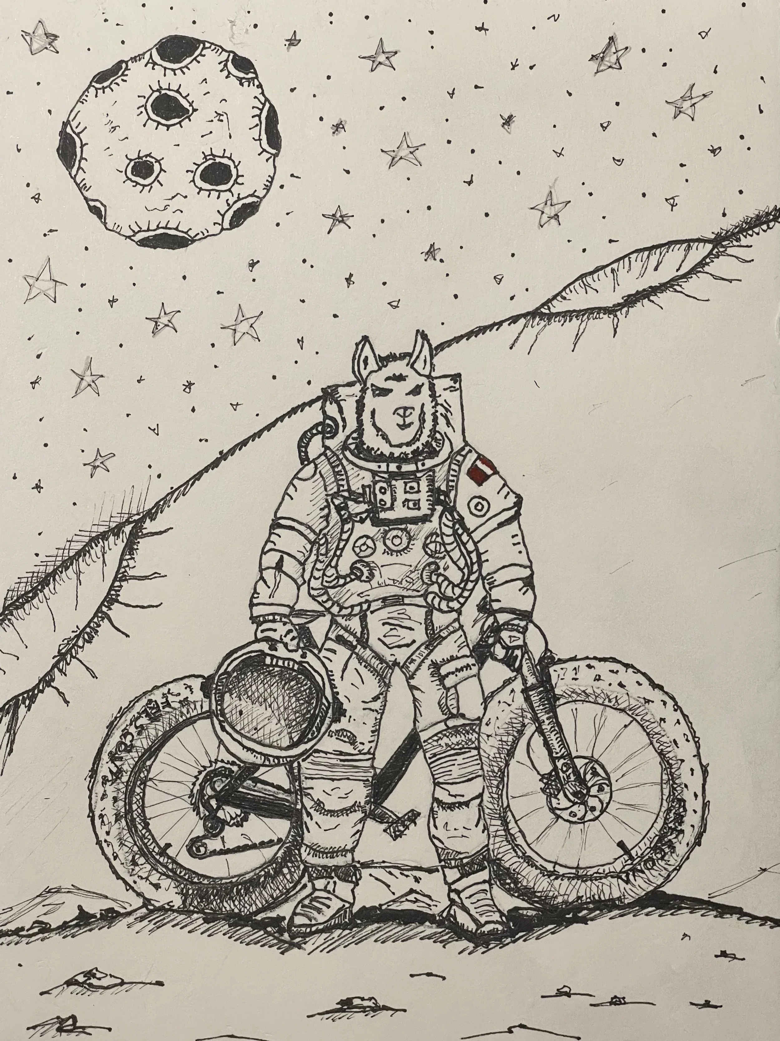 Pencil/marker sketch of an anthropomorphic llama standing beside a mountain bike under a large cratered moon in a night sky.