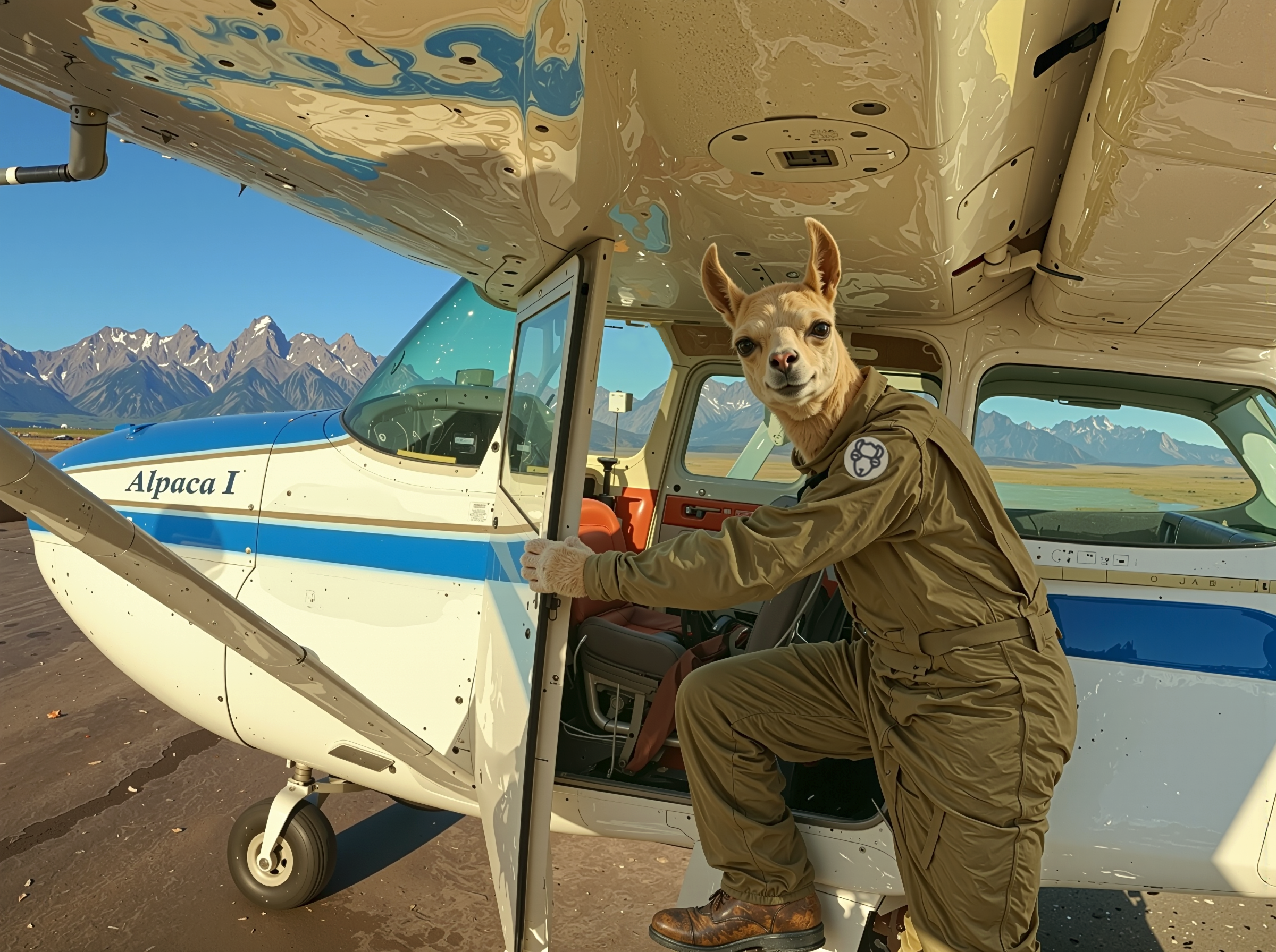 An anthropomorphic llama dressed as a student pilot stepping into a small single-engine airplane on a runway with mountains in the background.