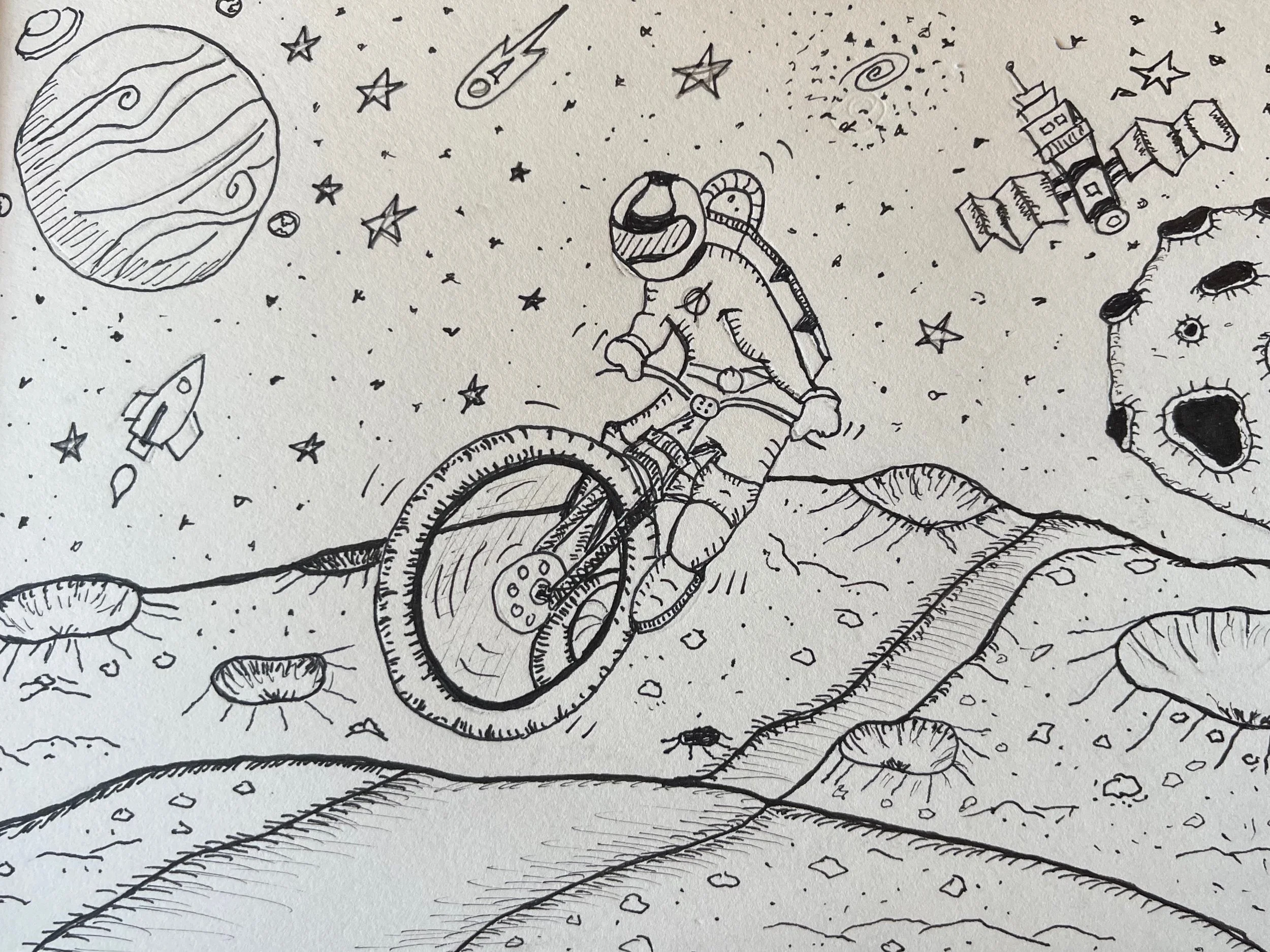 Hand-drawn pencil/marker sketch of a llama with a mountain bike standing beneath a large full moon, with simple stars and rocky ground sketched in the background.