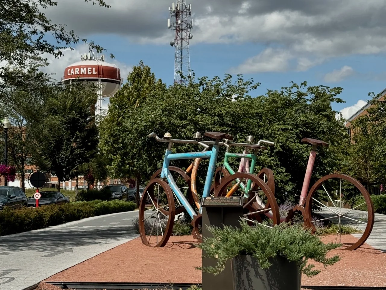 Bikes in Carmel watertower with town name