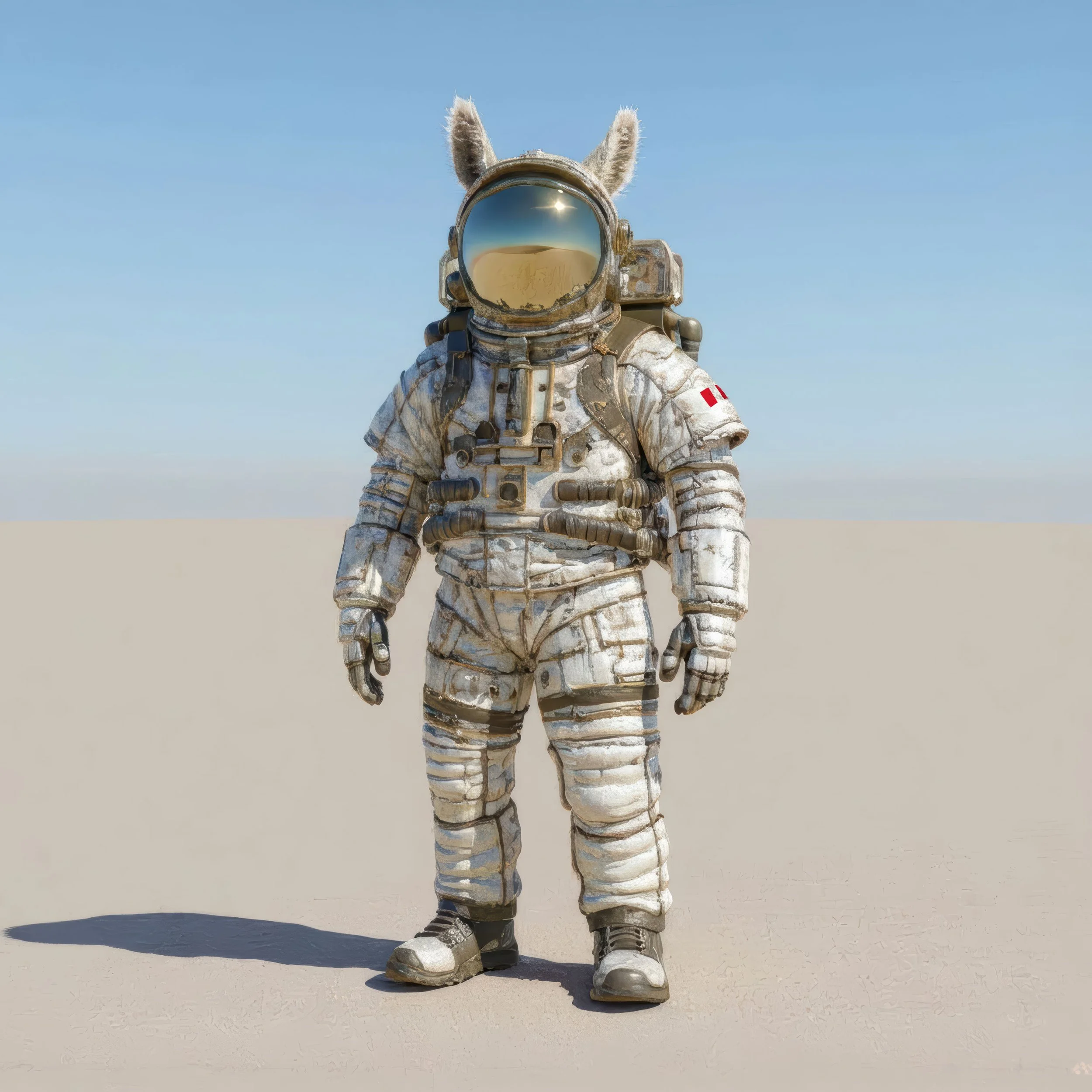 Dalai the Llamanaut standing in a detailed astronaut suit with his helmet on, posed against a minimal background.