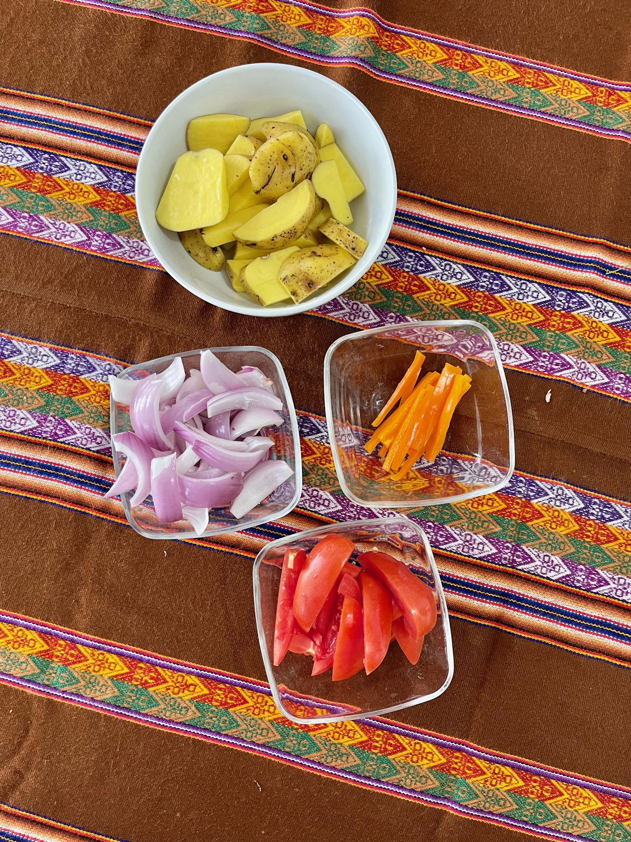 Other than sirloin and various spices, these are  the basic ingredients for Lomo Saltado.