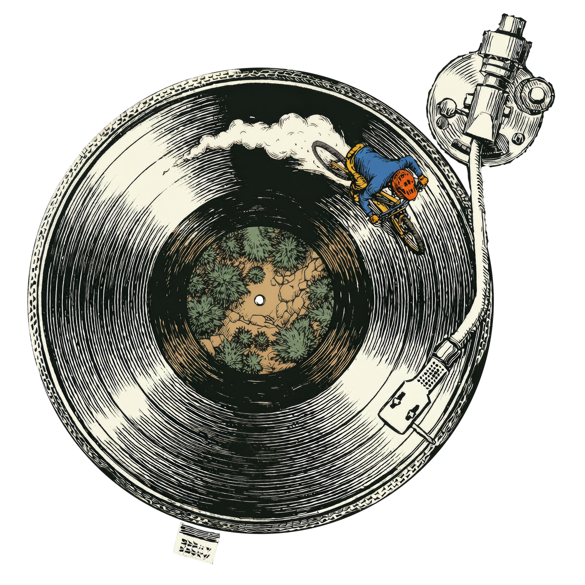 Illustration of a mountain biker riding along the groove of a vinyl record designed as a forest trail