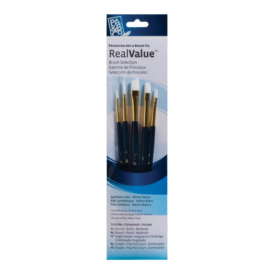 RealValue 9100 Series Short Handle Brush Set, Synthetic White Taklon (5pc) PAB 9136
