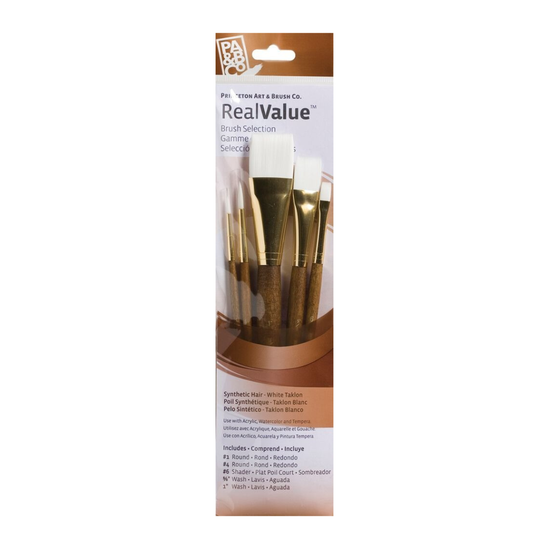 RealValue 9100 Series Short Handle Brush Set, Synthetic White Taklon (5pc) PAB 9144