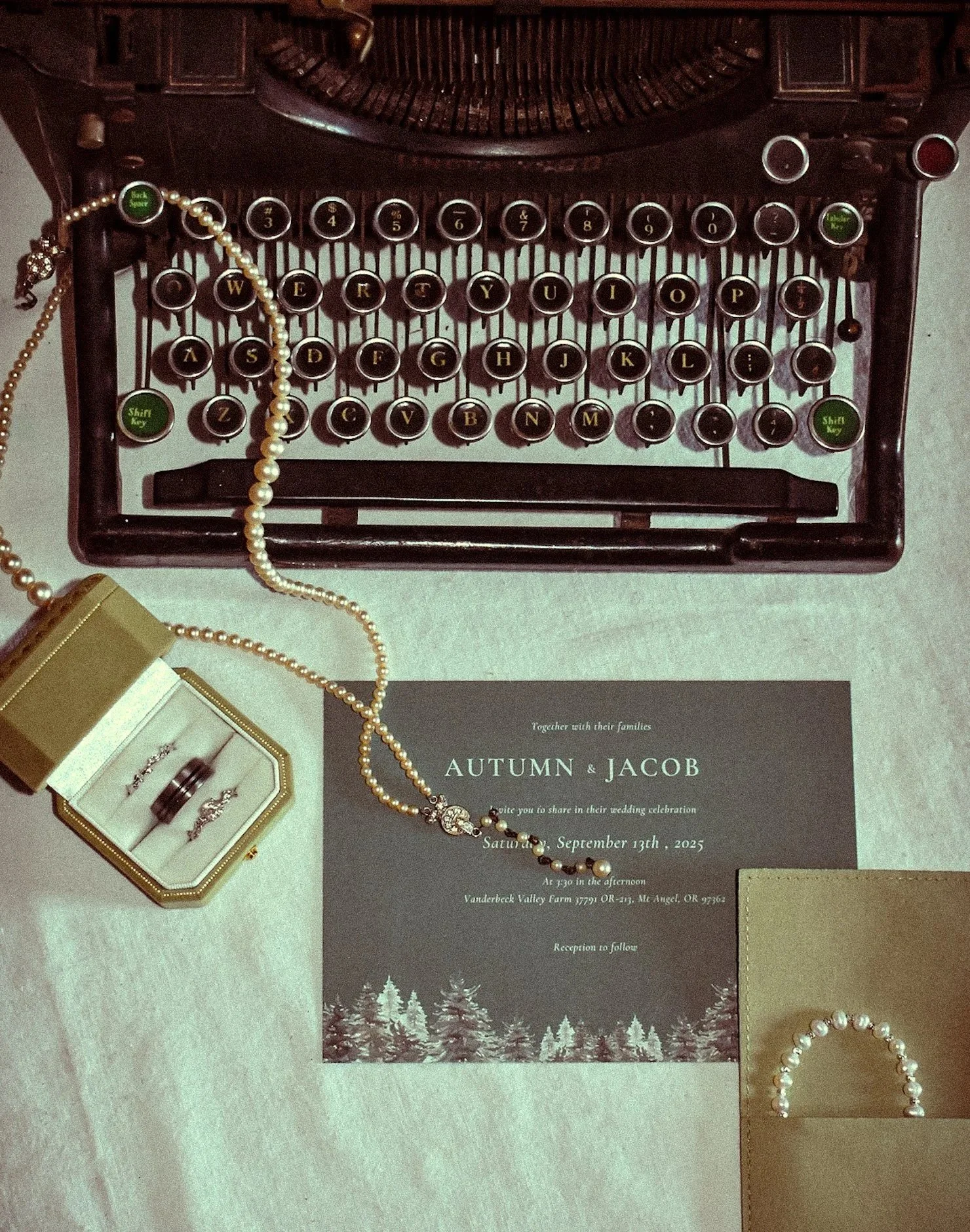 a flat lay with wedding details