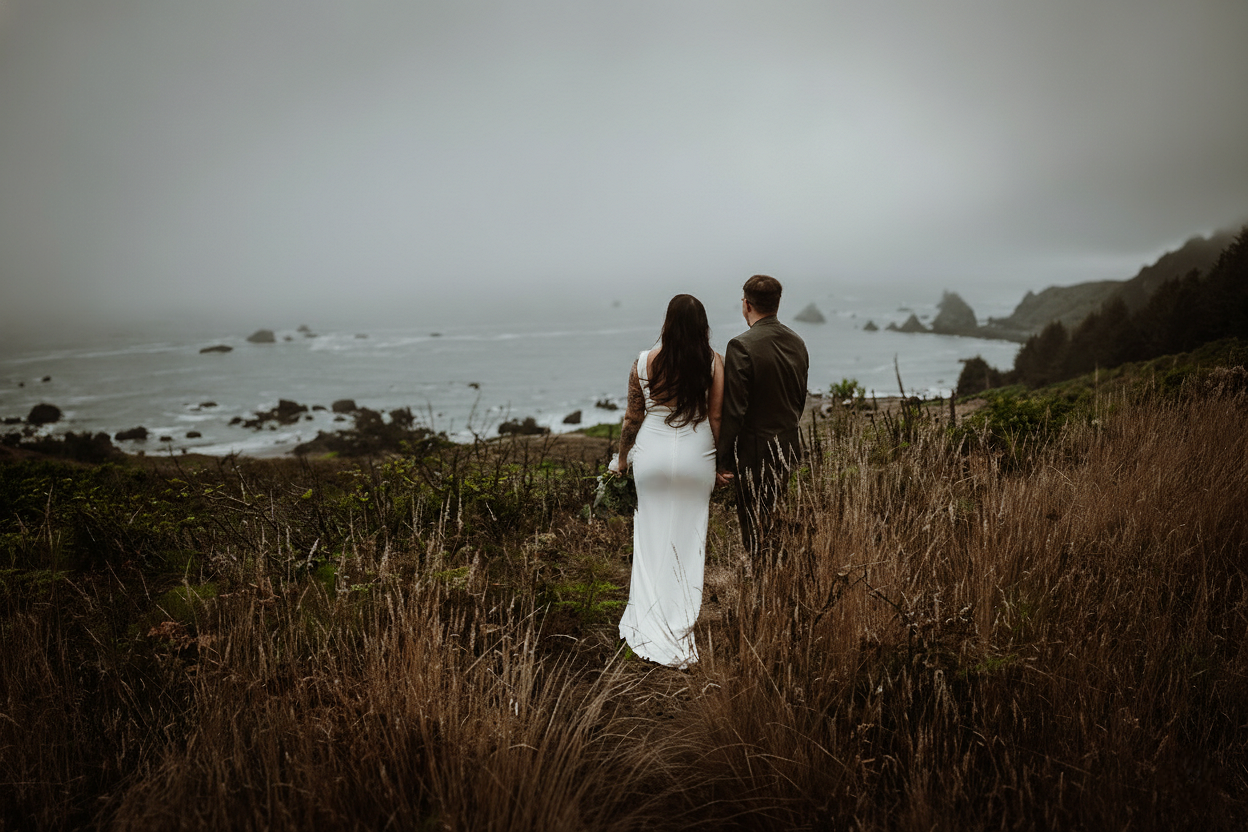 a couple stands watching the waves on a cliff in Brookings Oregon. Samuel H. Boardman