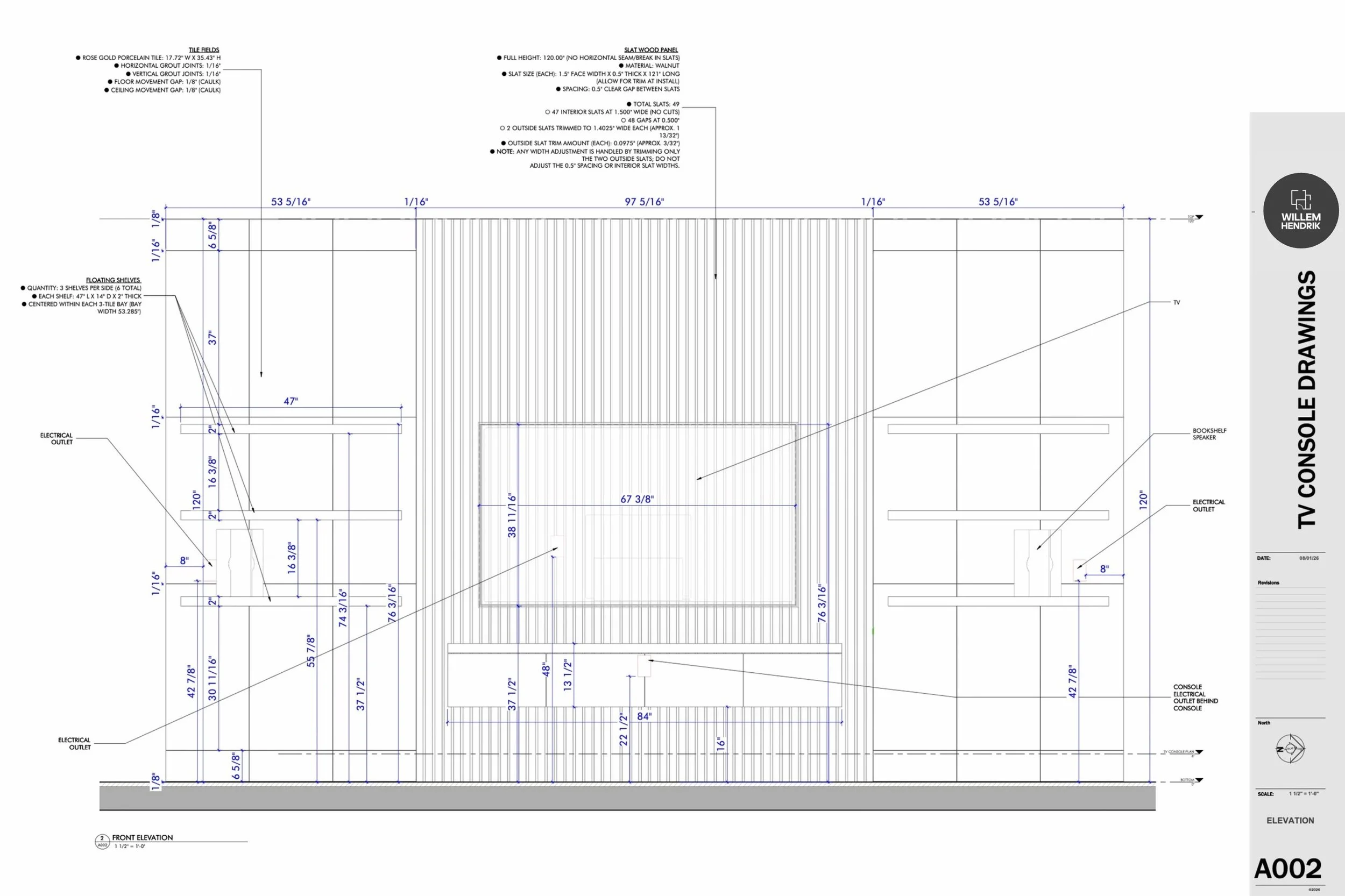 My elevation drawing of TV console millwork showing walnut slat wall panel, floating shelf, and rose gold tile dimensions for a Discovery West family room remodel in Bend, Oregon